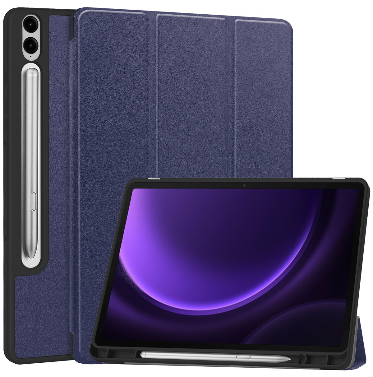 Nomfy Hoes Geschikt voor Samsung Galaxy Tab S9 FE Plus Hoes Tri-fold Tablet Hoesje Case Met Uitsparing Geschikt voor S Pen Met Screenprotector - Hoesje Geschikt voor Samsung Tab S9 FE Plus Hoesje Hardcover Bookcase - Donkerblauw