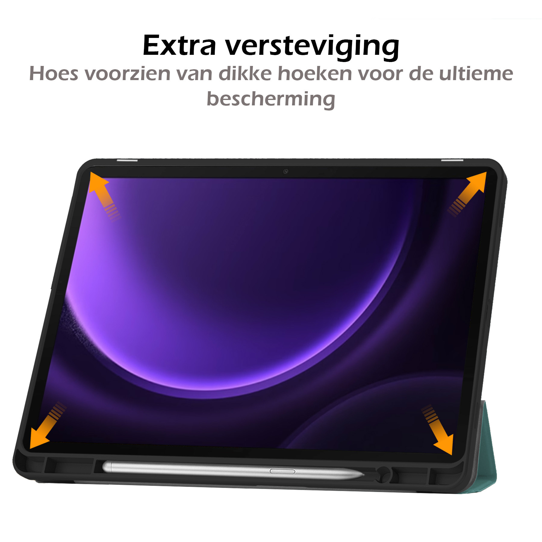 Nomfy Hoes Geschikt voor Samsung Galaxy Tab S9 FE Plus Hoes Tri-fold Tablet Hoesje Case Met Uitsparing Geschikt voor S Pen Met Screenprotector - Hoesje Geschikt voor Samsung Tab S9 FE Plus Hoesje Hardcover Bookcase - Donkergroen