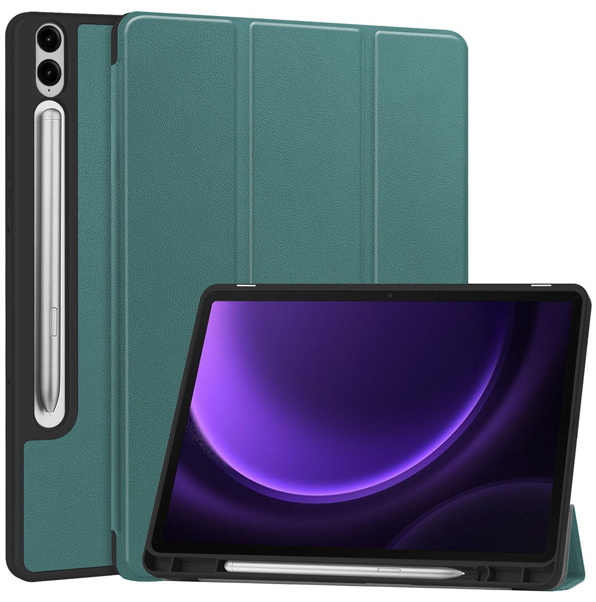 Nomfy Hoes Geschikt voor Samsung Galaxy Tab S9 FE Plus Hoes Tri-fold Tablet Hoesje Case Met Uitsparing Geschikt voor S Pen Met Screenprotector - Hoesje Geschikt voor Samsung Tab S9 FE Plus Hoesje Hardcover Bookcase - Donkergroen