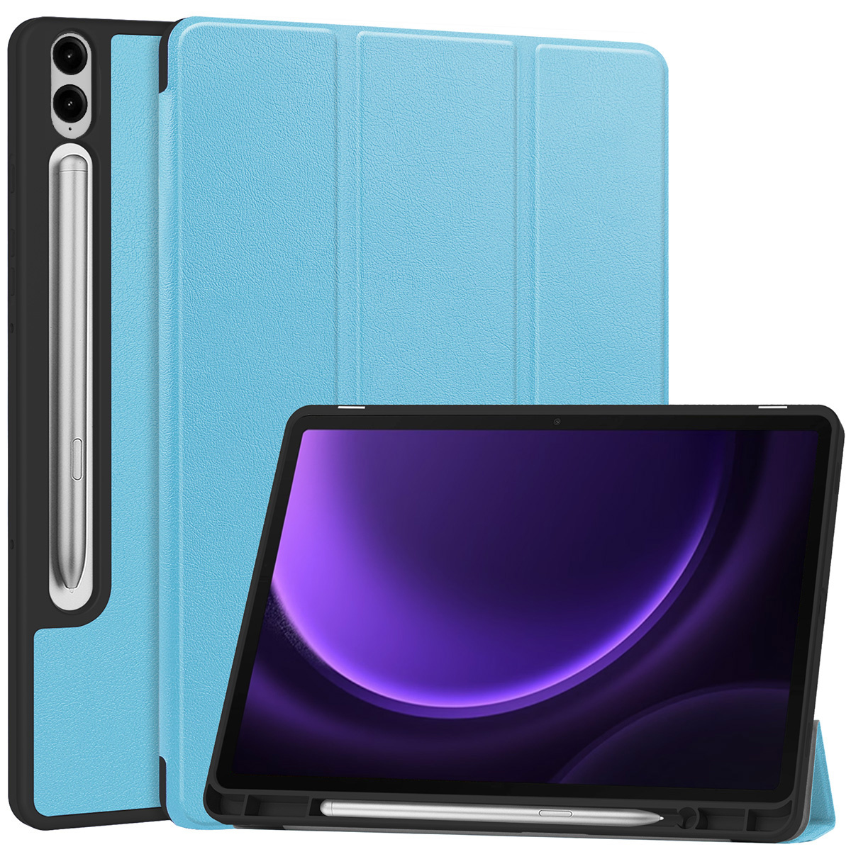 Nomfy Hoes Geschikt voor Samsung Galaxy Tab S9 FE Plus Hoes Tri-fold Tablet Hoesje Case Met Uitsparing Geschikt voor S Pen Met Screenprotector - Hoesje Geschikt voor Samsung Tab S9 FE Plus Hoesje Hardcover Bookcase - Lichtblauw