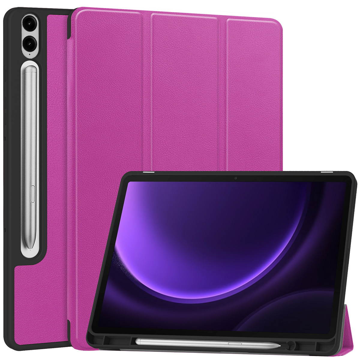 Nomfy Hoes Geschikt voor Samsung Galaxy Tab S9 FE Plus Hoes Tri-fold Tablet Hoesje Case Met Uitsparing Geschikt voor S Pen Met Screenprotector - Hoesje Geschikt voor Samsung Tab S9 FE Plus Hoesje Hardcover Bookcase - Paars