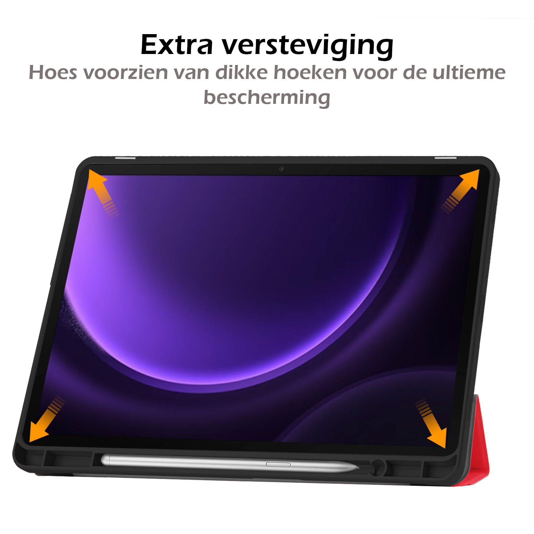 Nomfy Hoes Geschikt voor Samsung Galaxy Tab S9 FE Plus Hoes Tri-fold Tablet Hoesje Case Met Uitsparing Geschikt voor S Pen Met Screenprotector - Hoesje Geschikt voor Samsung Tab S9 FE Plus Hoesje Hardcover Bookcase - Rood