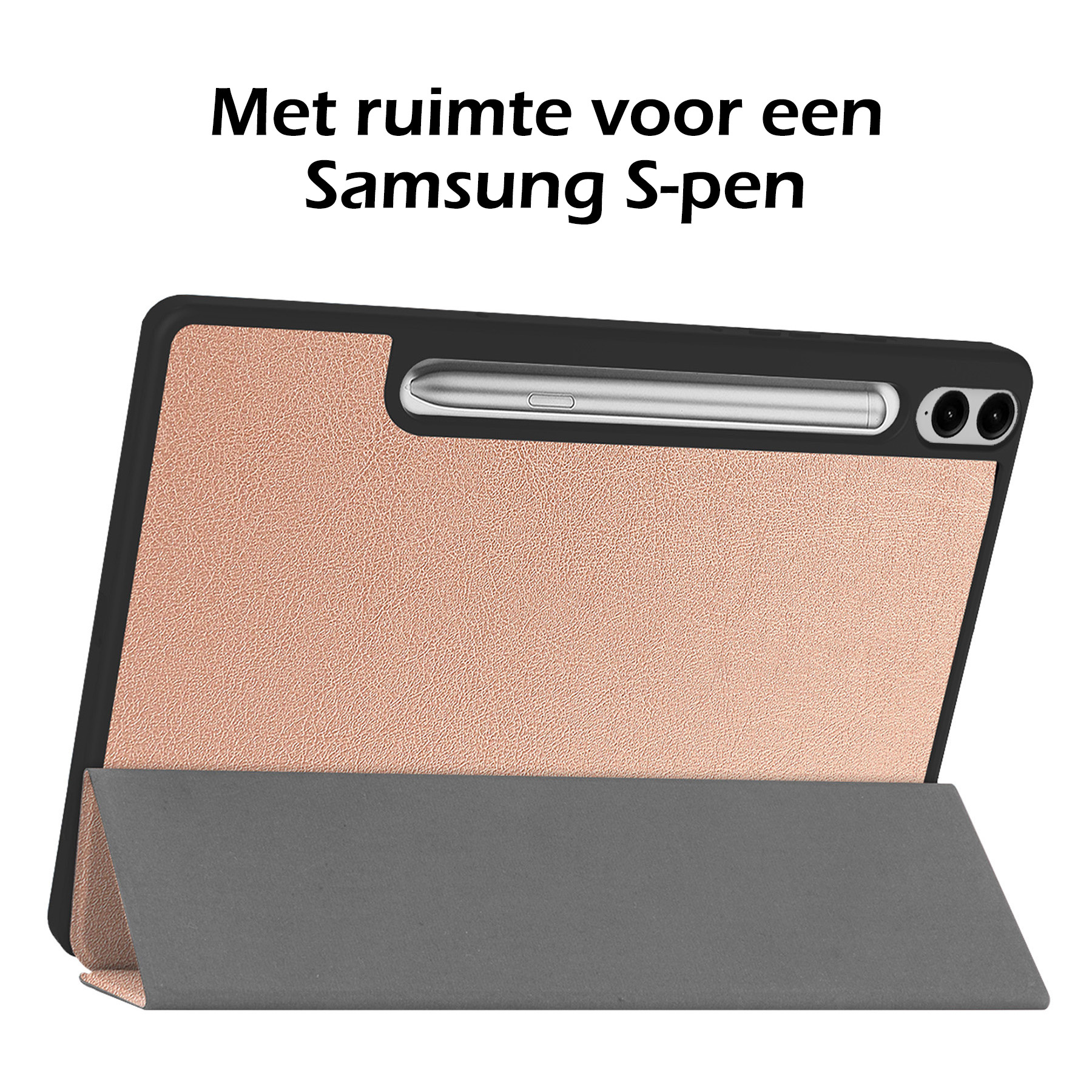 Nomfy Hoes Geschikt voor Samsung Galaxy Tab S9 FE Plus Hoes Tri-fold Tablet Hoesje Case Met Uitsparing Geschikt voor S Pen Met Screenprotector - Hoesje Geschikt voor Samsung Tab S9 FE Plus Hoesje Hardcover Bookcase - Rosé Goud