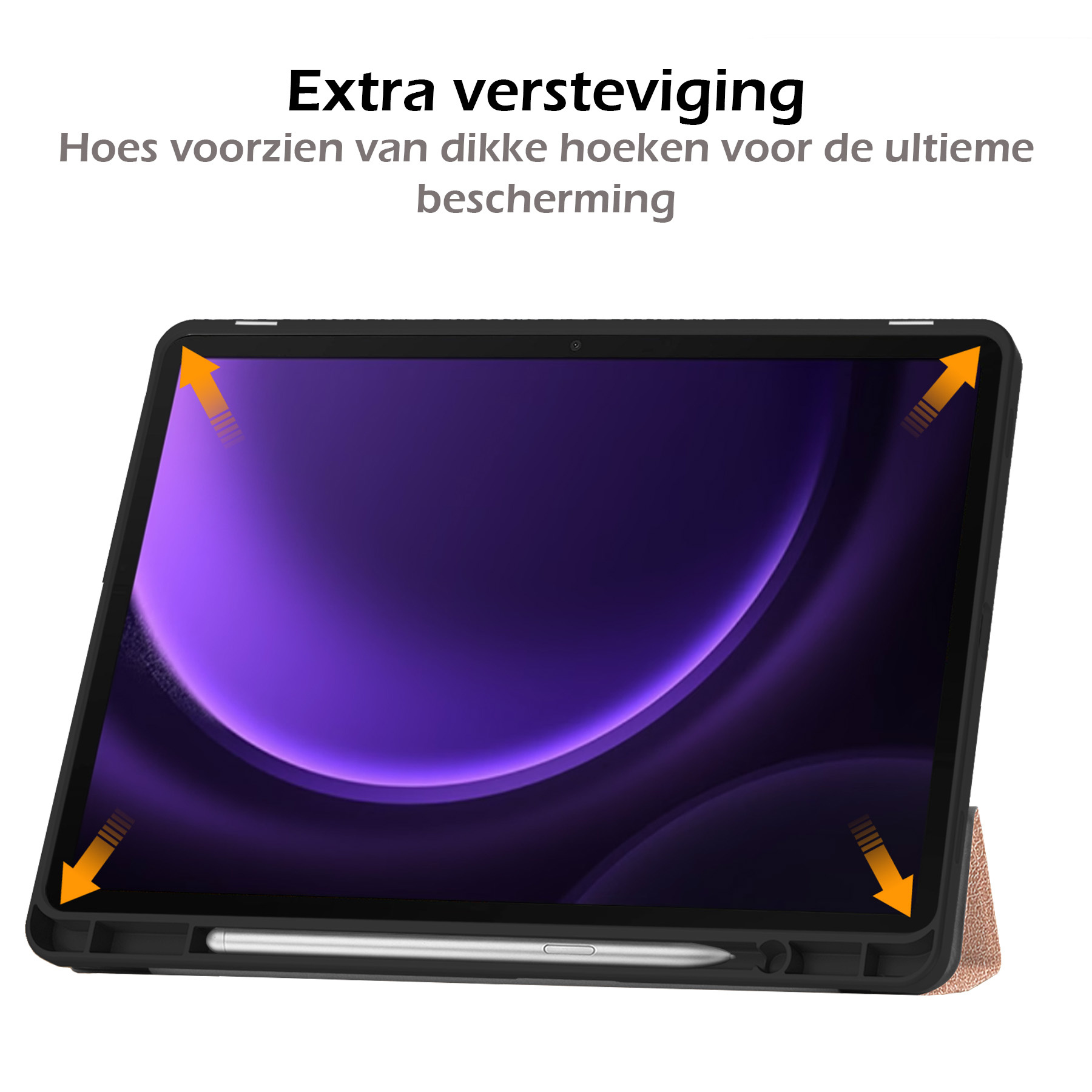 Nomfy Hoes Geschikt voor Samsung Galaxy Tab S9 FE Plus Hoes Tri-fold Tablet Hoesje Case Met Uitsparing Geschikt voor S Pen Met Screenprotector - Hoesje Geschikt voor Samsung Tab S9 FE Plus Hoesje Hardcover Bookcase - Rosé Goud
