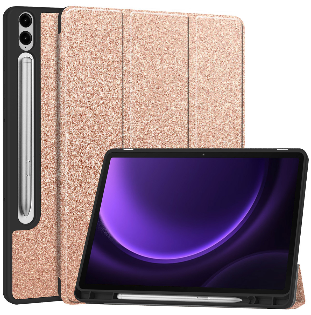 Nomfy Hoes Geschikt voor Samsung Galaxy Tab S9 FE Plus Hoes Tri-fold Tablet Hoesje Case Met Uitsparing Geschikt voor S Pen Met Screenprotector - Hoesje Geschikt voor Samsung Tab S9 FE Plus Hoesje Hardcover Bookcase - Rosé Goud