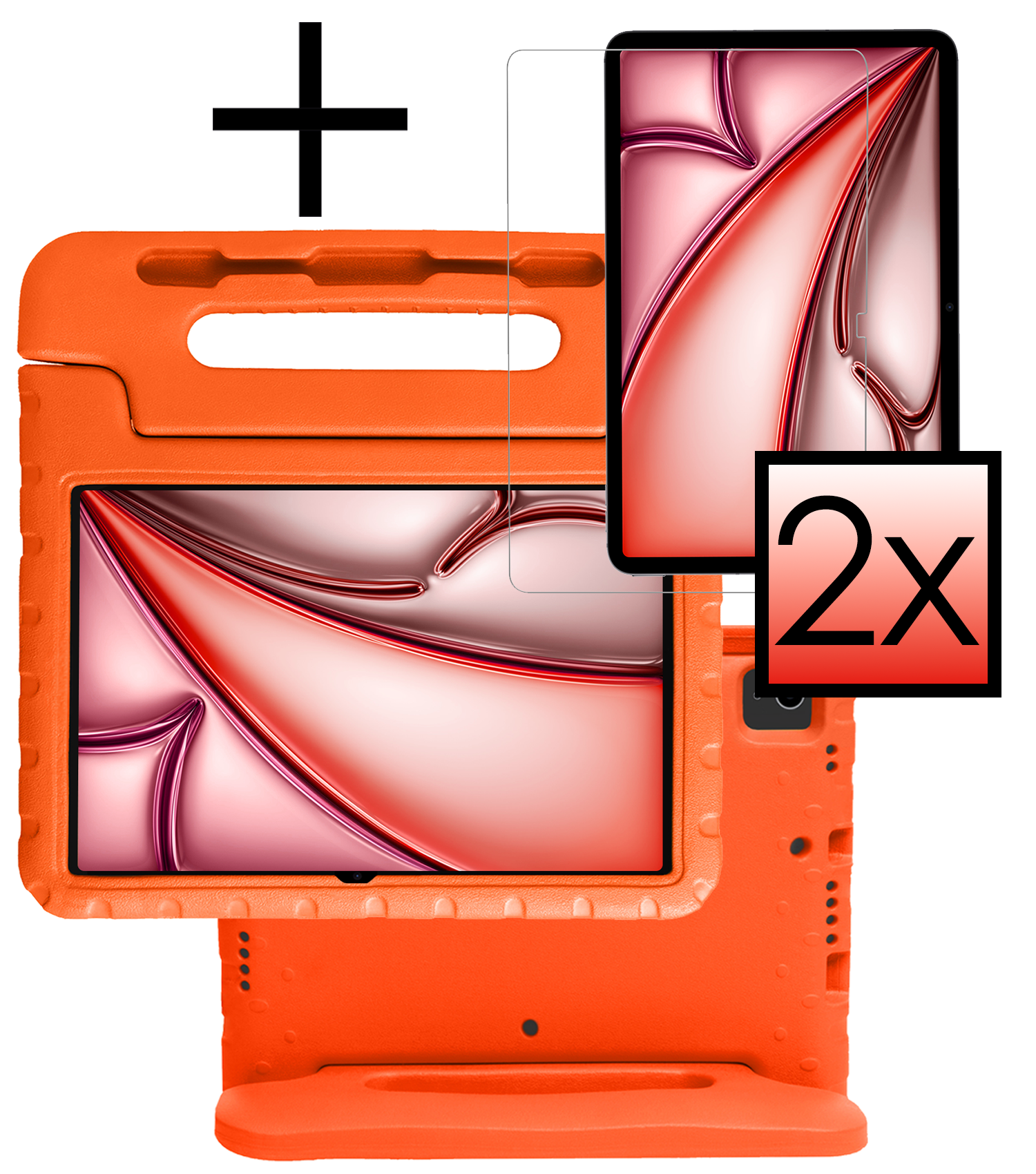 NoXx Hoesje Geschikt voor iPad Air 6 (11 inch) Hoesje Kinderhoes Shockproof Hoes Kids Case Met 2x Screenprotector - Oranje