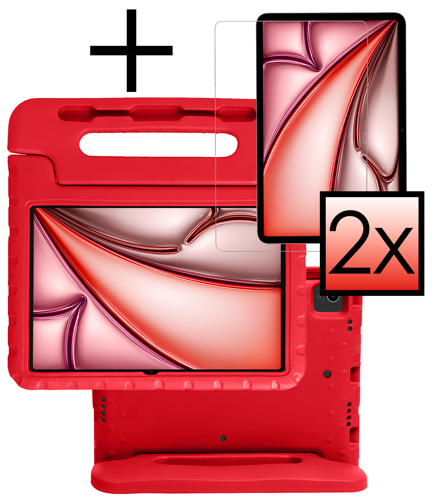 NoXx Hoesje Geschikt voor iPad Air 6 (11 inch) Hoesje Kinderhoes Shockproof Hoes Kids Case Met 2x Screenprotector - Rood