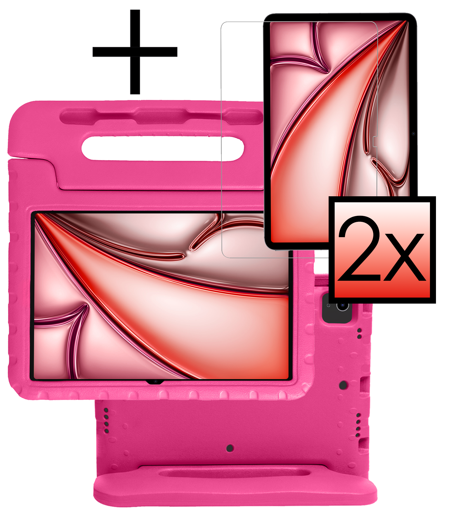 NoXx Hoesje Geschikt voor iPad Air 6 (11 inch) Hoesje Kinderhoes Shockproof Hoes Kids Case Met 2x Screenprotector - Roze