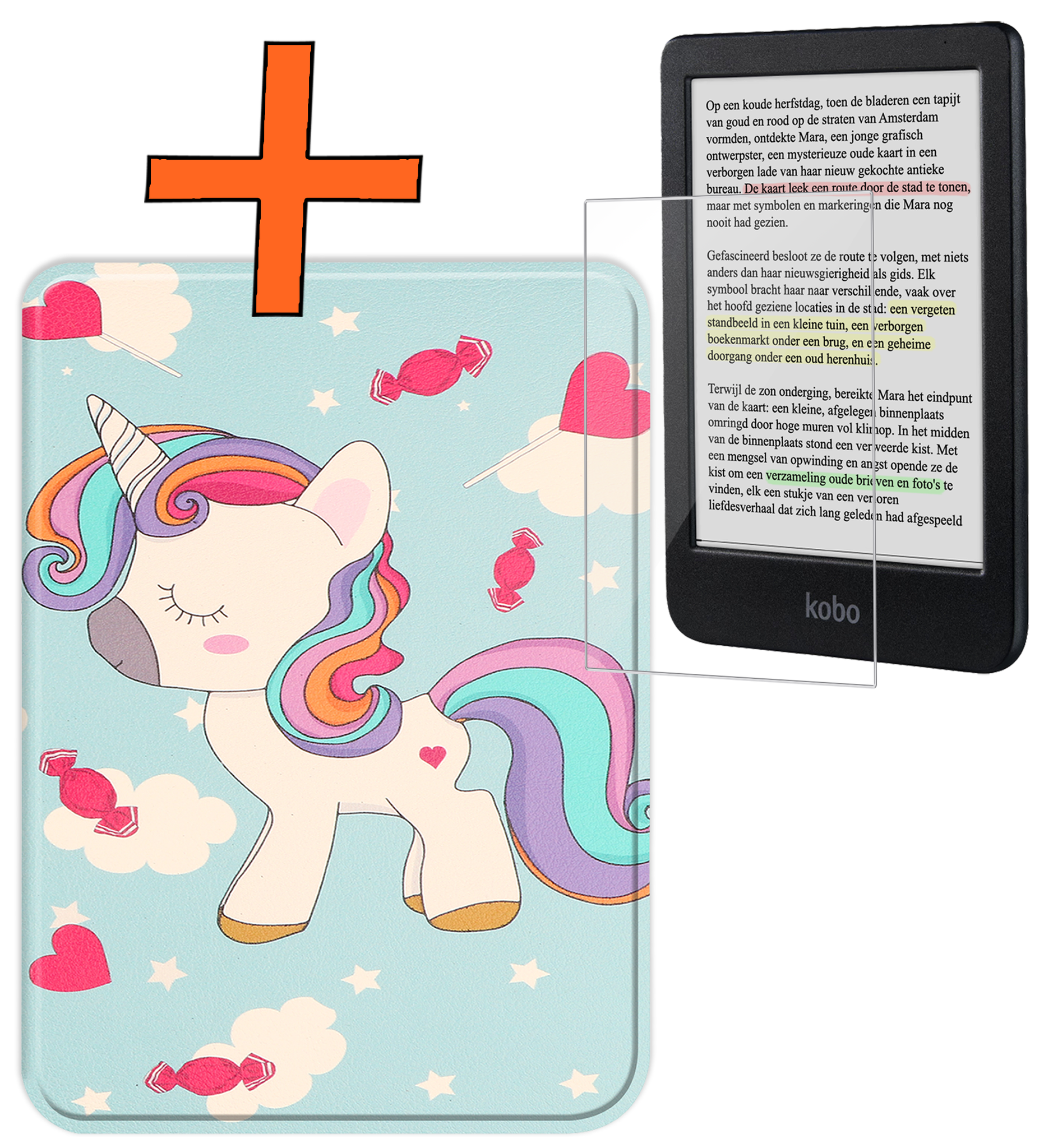 Nomfy Hoesje Geschikt voor Kobo Clara Colour Hoes Book Case - Hoes Geschikt voor Kobo Clara Colour Hoesje Book Cover Met Screenprotector - Eenhoorn