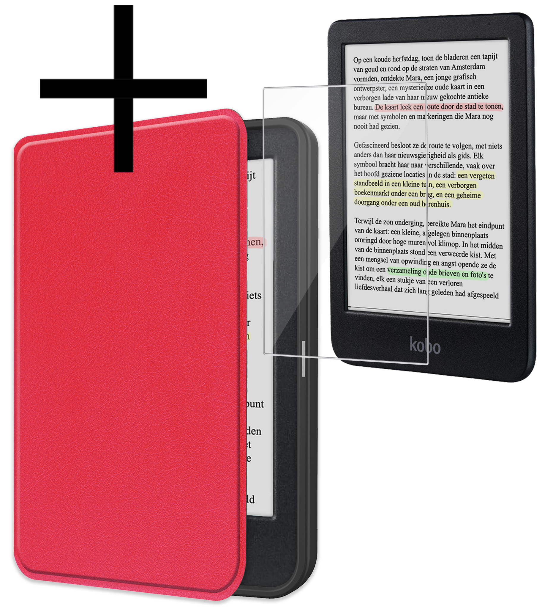 NoXx Hoes Geschikt voor Kobo Clara Colour Hoesje Bookcase Cover Book Case Hoes Sleepcover Met Screenprotector - Rood
