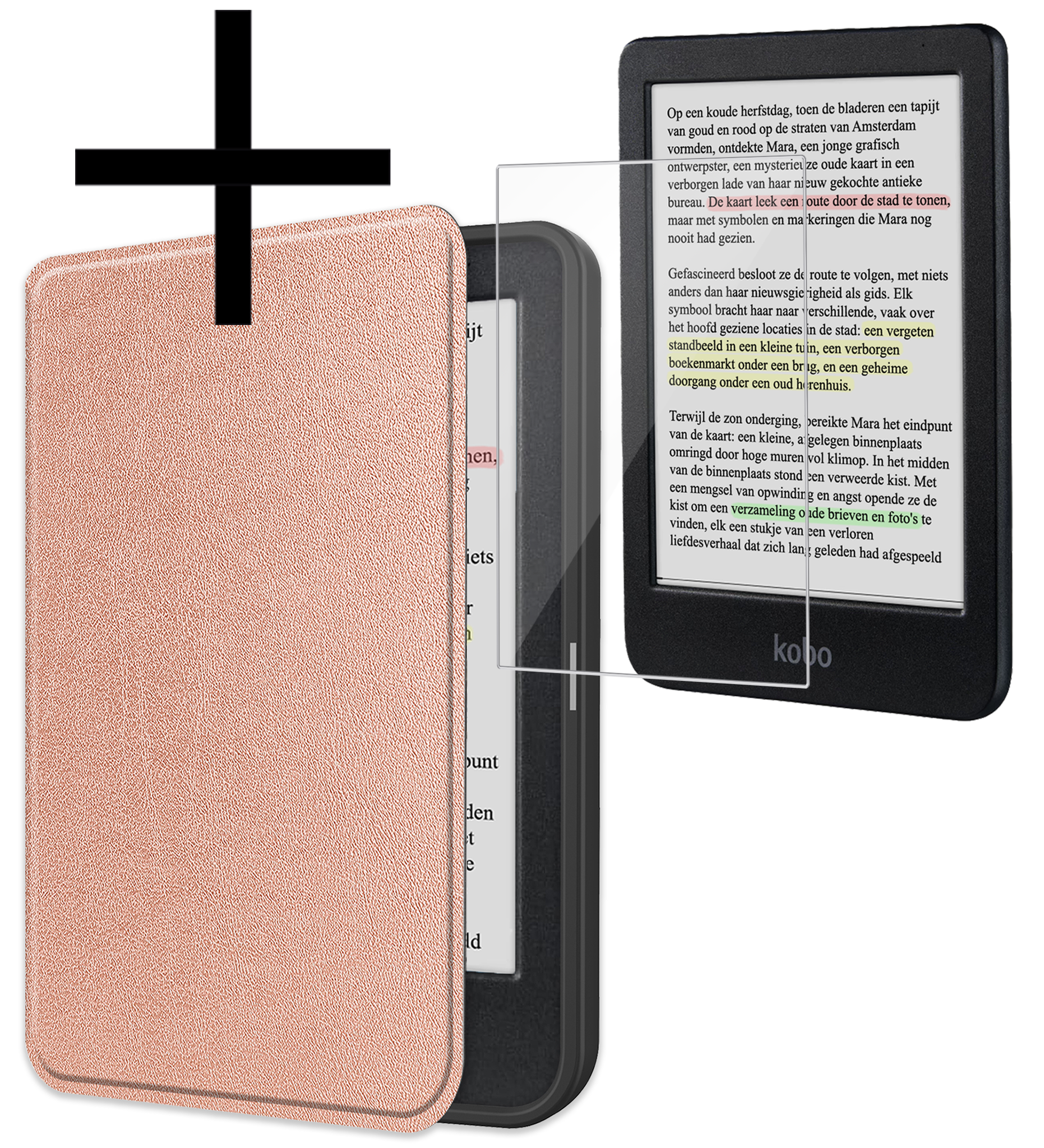 NoXx Hoes Geschikt voor Kobo Clara Colour Hoesje Bookcase Cover Book Case Hoes Sleepcover Met Screenprotector - Rosé Goud