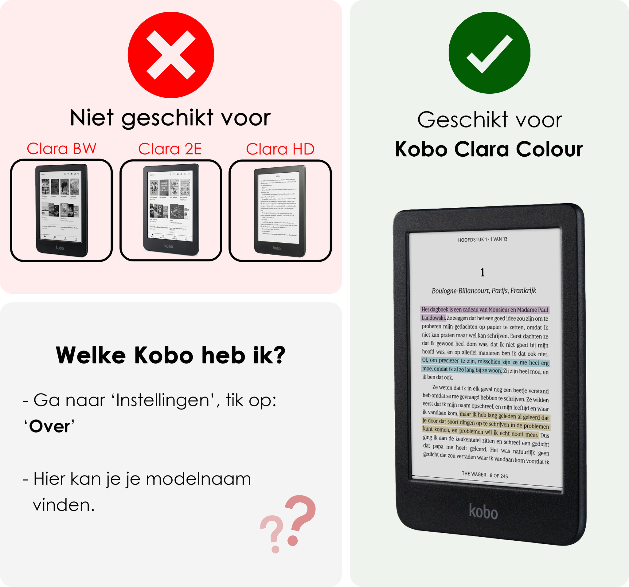 NoXx Hoes Geschikt voor Kobo Clara Colour Hoesje Bookcase Cover Book Case Hoes Sleepcover Met Screenprotector - Grijs