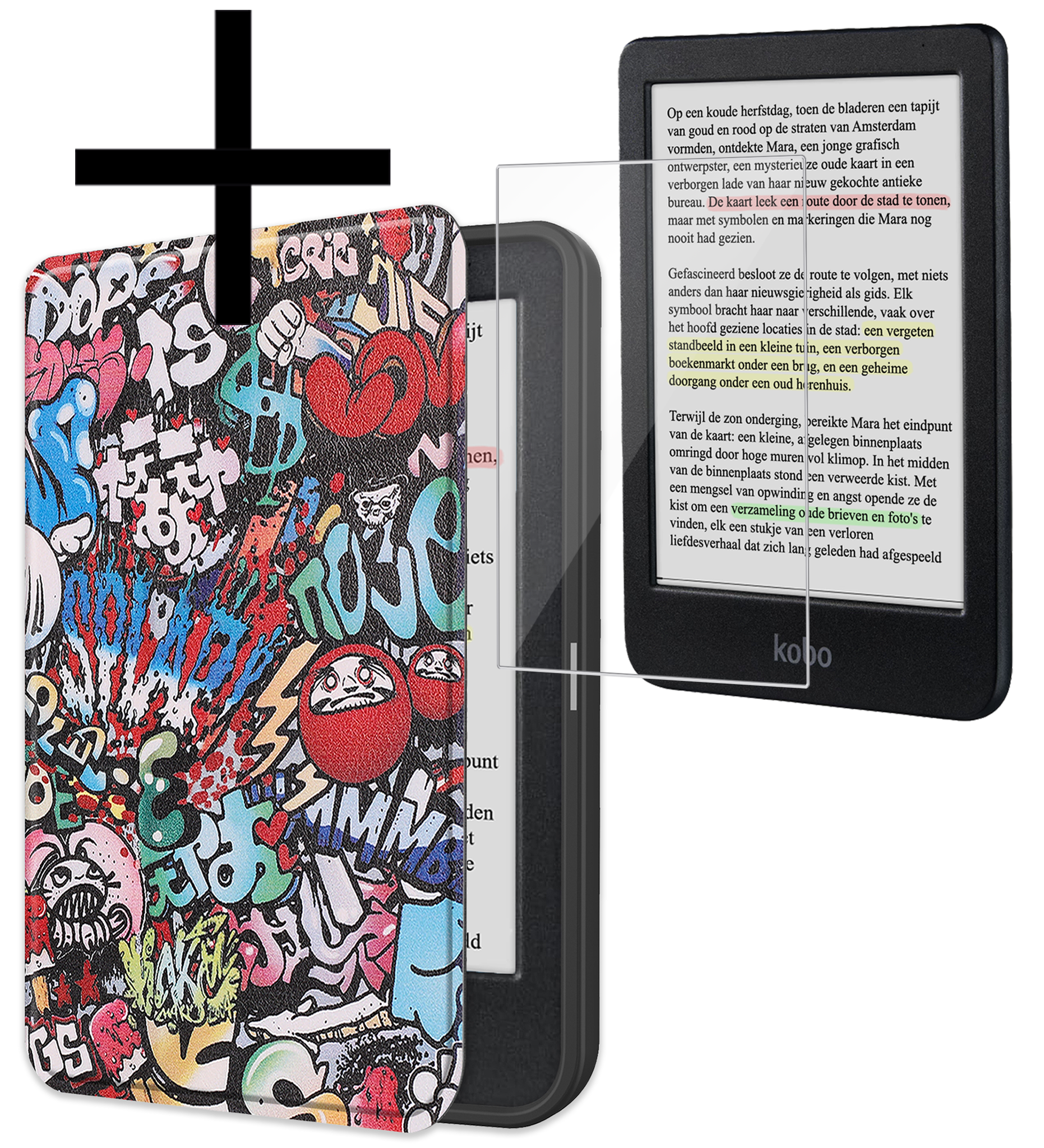 NoXx Hoes Geschikt voor Kobo Clara Colour Hoesje Bookcase Cover Book Case Hoes Sleepcover Met Screenprotector - Graffity