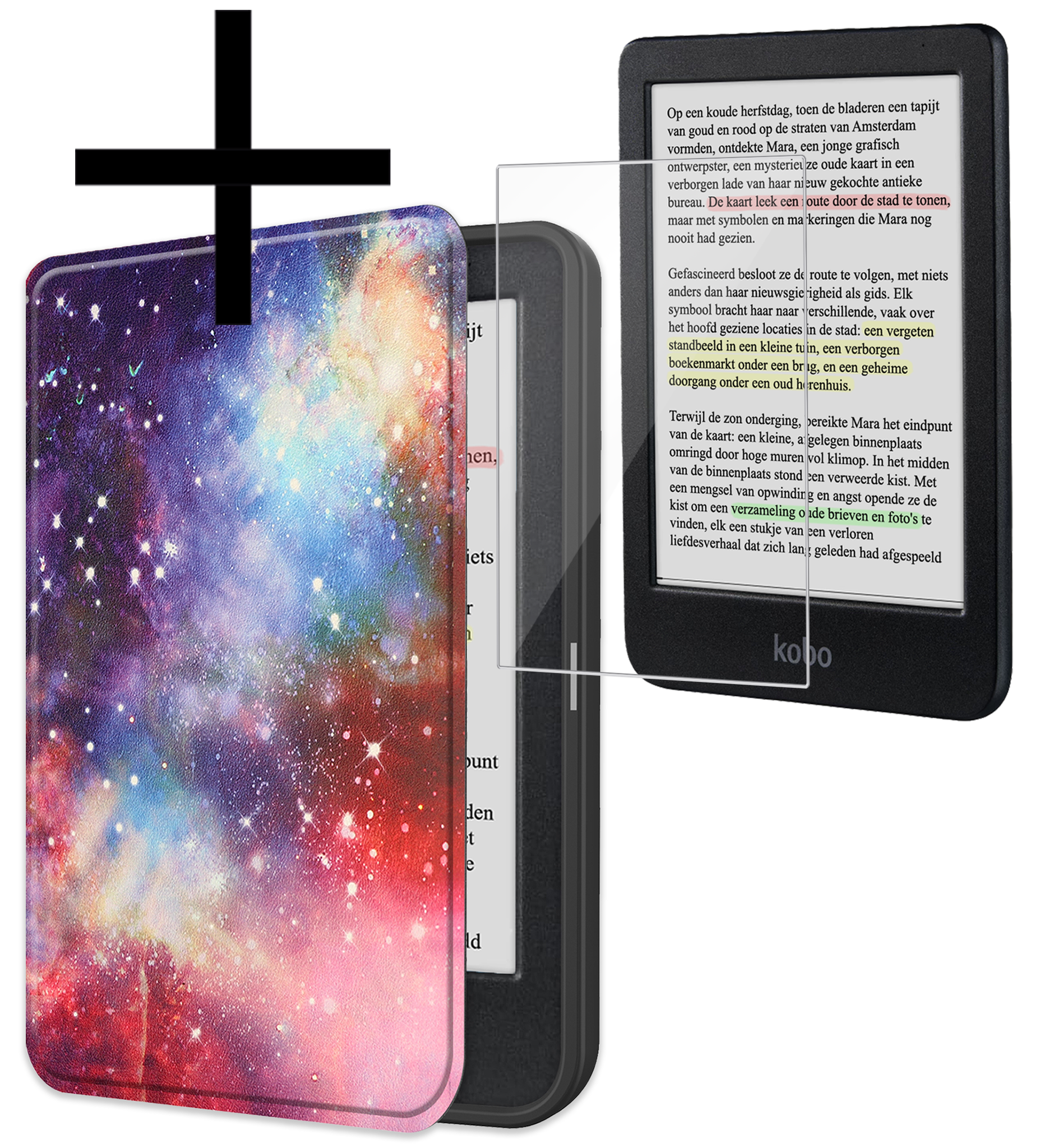 NoXx Hoes Geschikt voor Kobo Clara Colour Hoesje Bookcase Cover Book Case Hoes Sleepcover Met Screenprotector - Galaxy