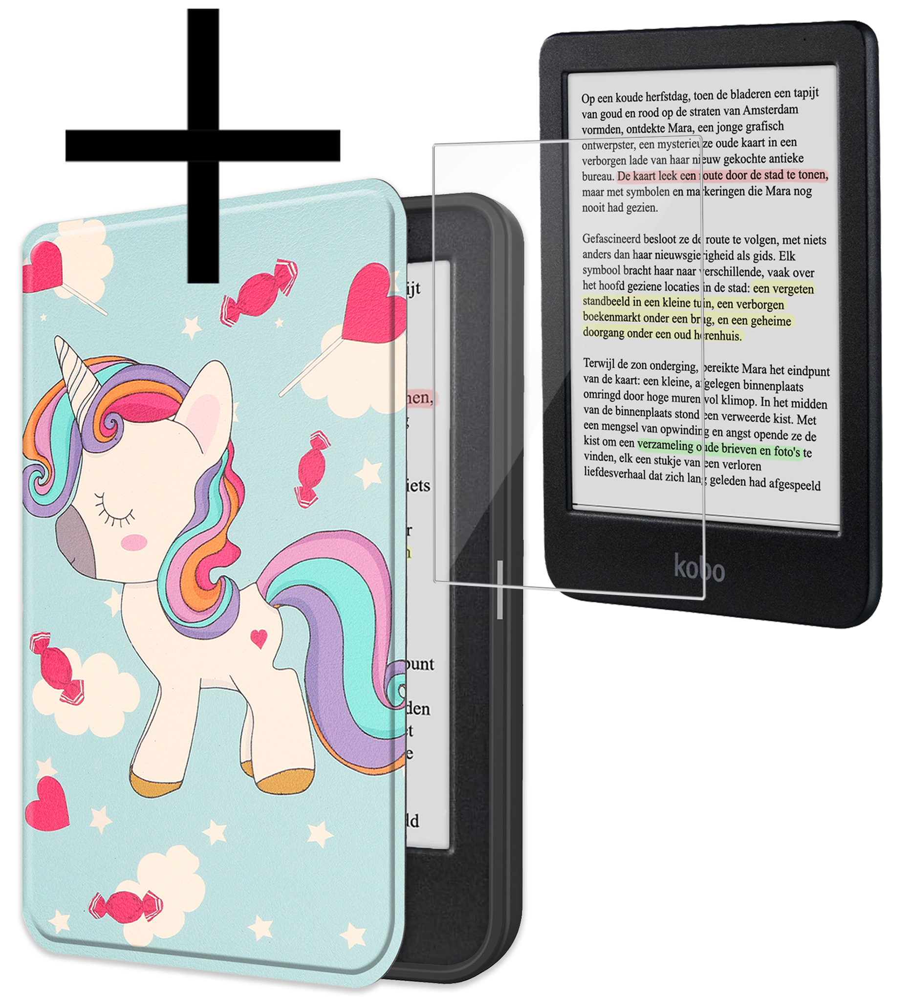 NoXx Hoes Geschikt voor Kobo Clara Colour Hoesje Bookcase Cover Book Case Hoes Sleepcover Met Screenprotector - Eenhoorn