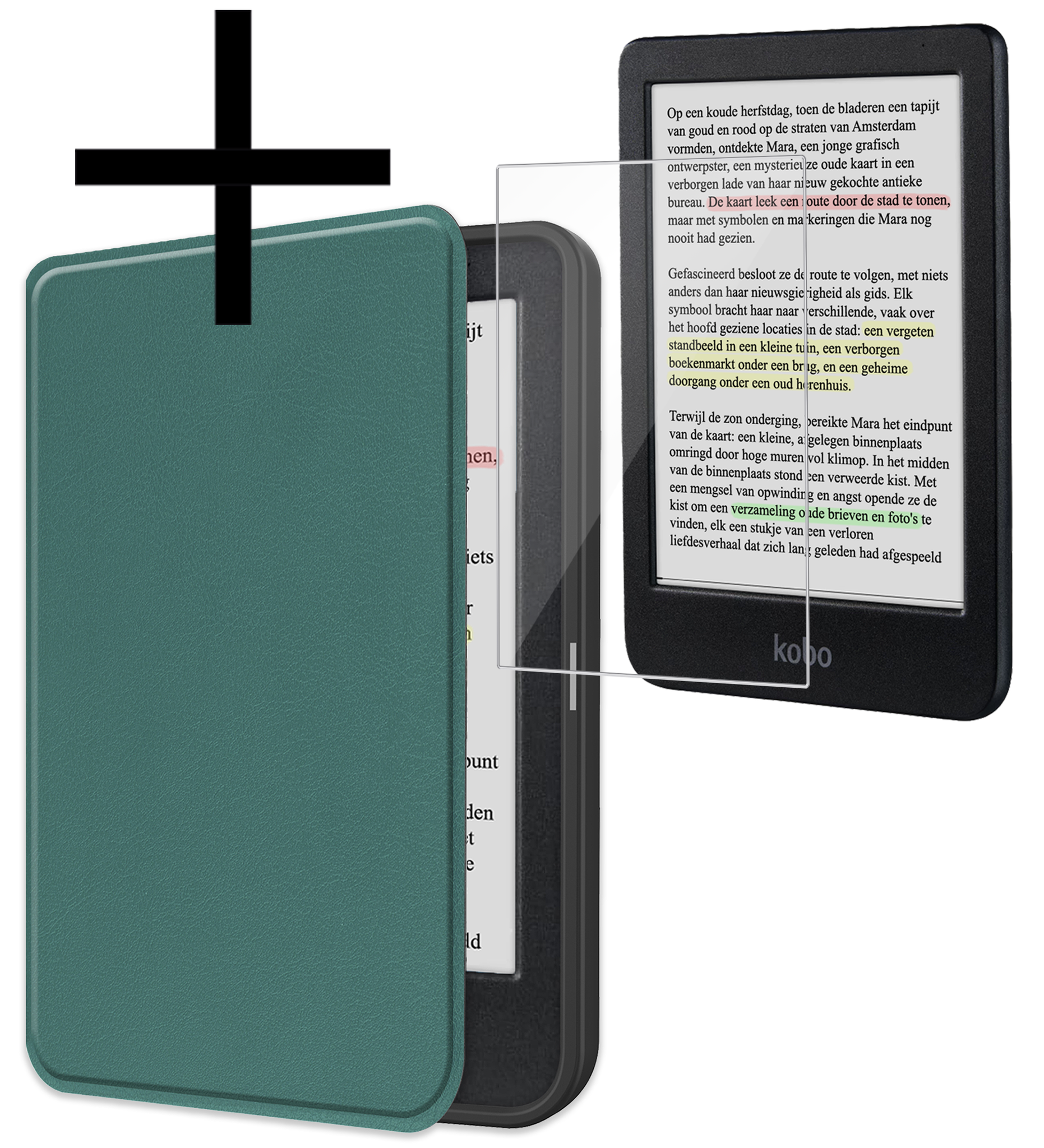 NoXx Hoes Geschikt voor Kobo Clara Colour Hoesje Bookcase Cover Book Case Hoes Sleepcover Met Screenprotector - Donkergroen