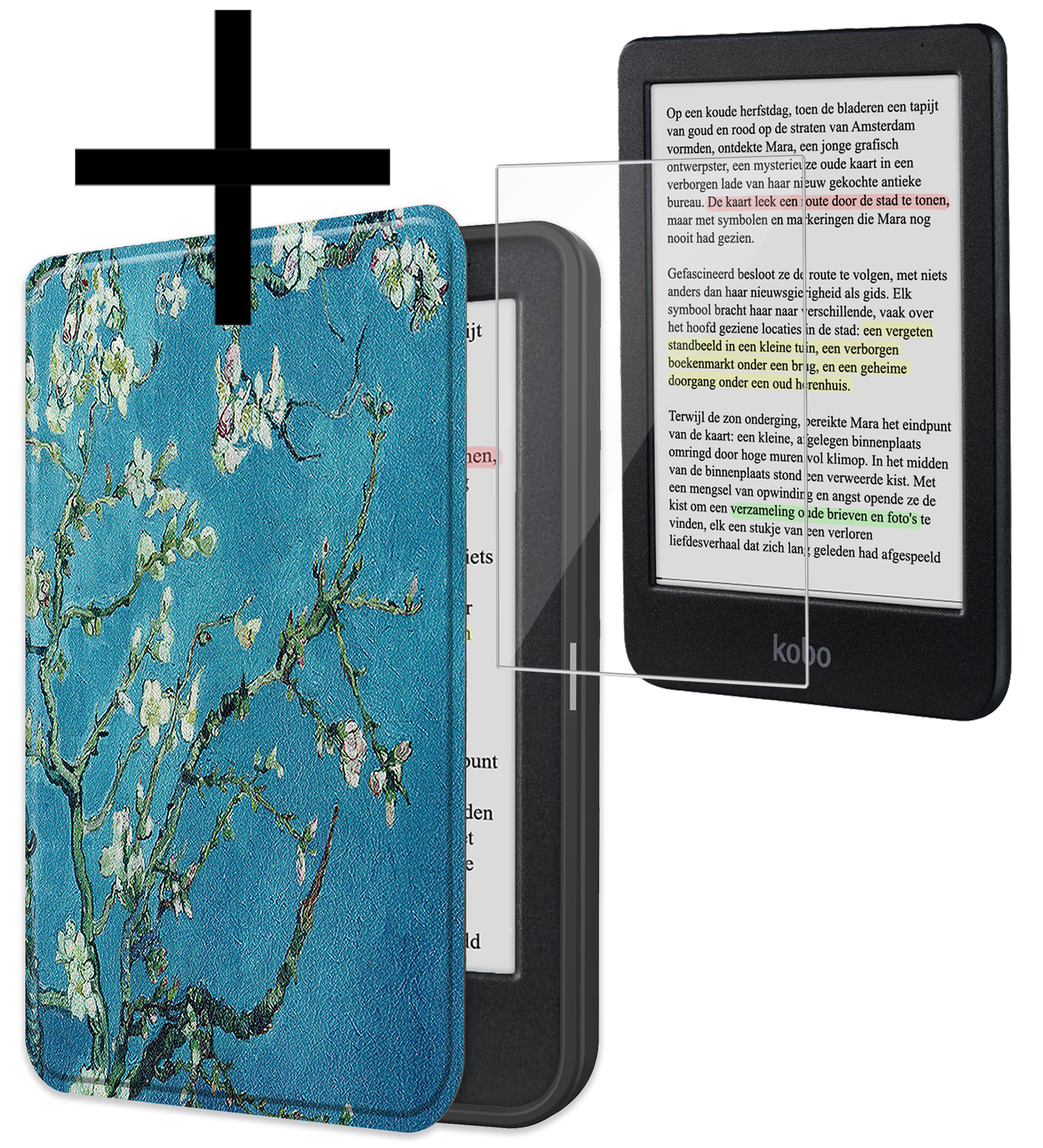 NoXx Hoes Geschikt voor Kobo Clara Colour Hoesje Bookcase Cover Book Case Hoes Sleepcover Met Screenprotector - Bloesem