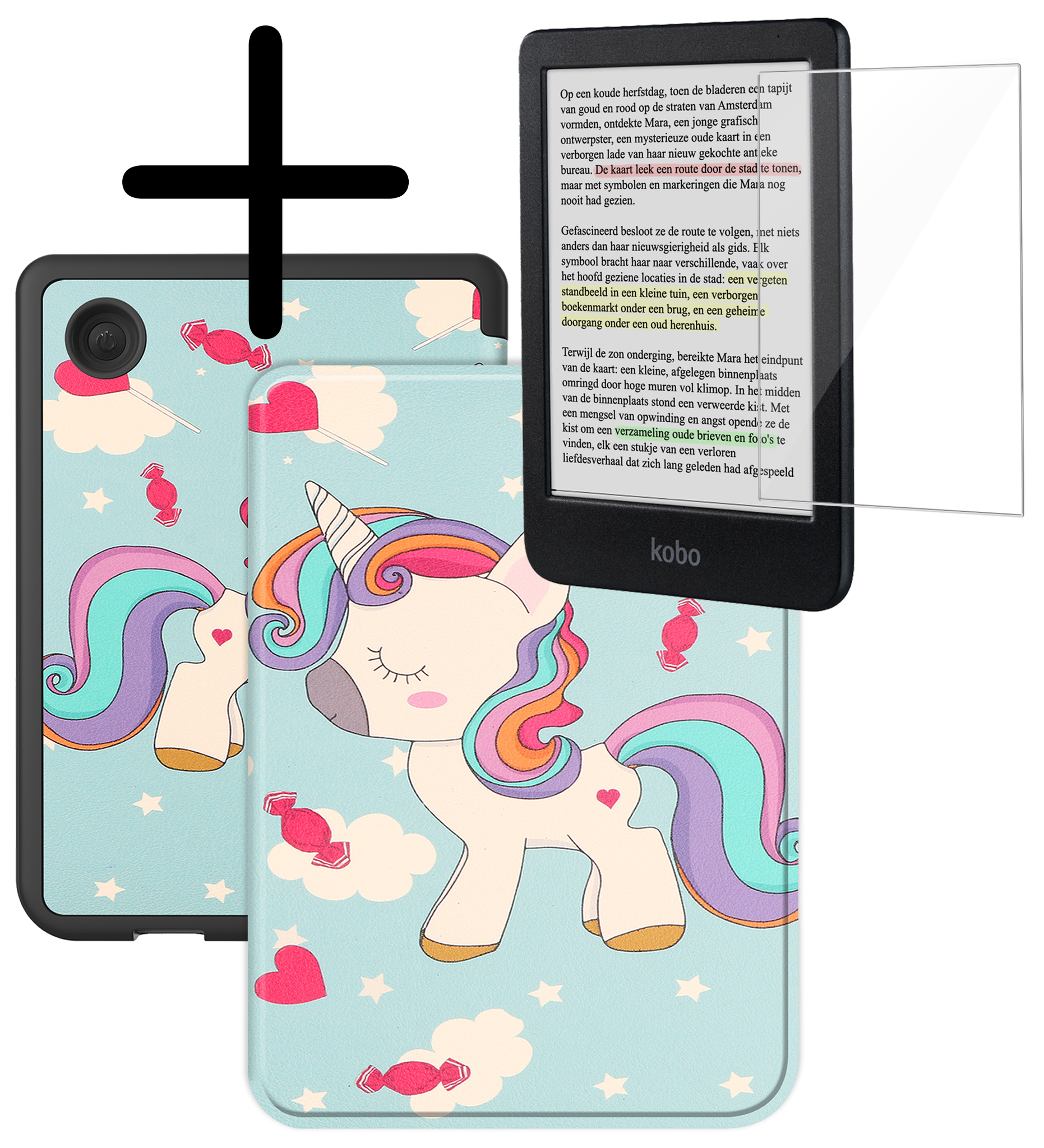 BASEY. Hoes Geschikt voor Kobo Clara Colour Hoesje Bookcase Cover Hoes Met Screenprotector - Hoesje Geschikt voor Kobo Clara Colour Hoes Cover Case - Eenhoorn