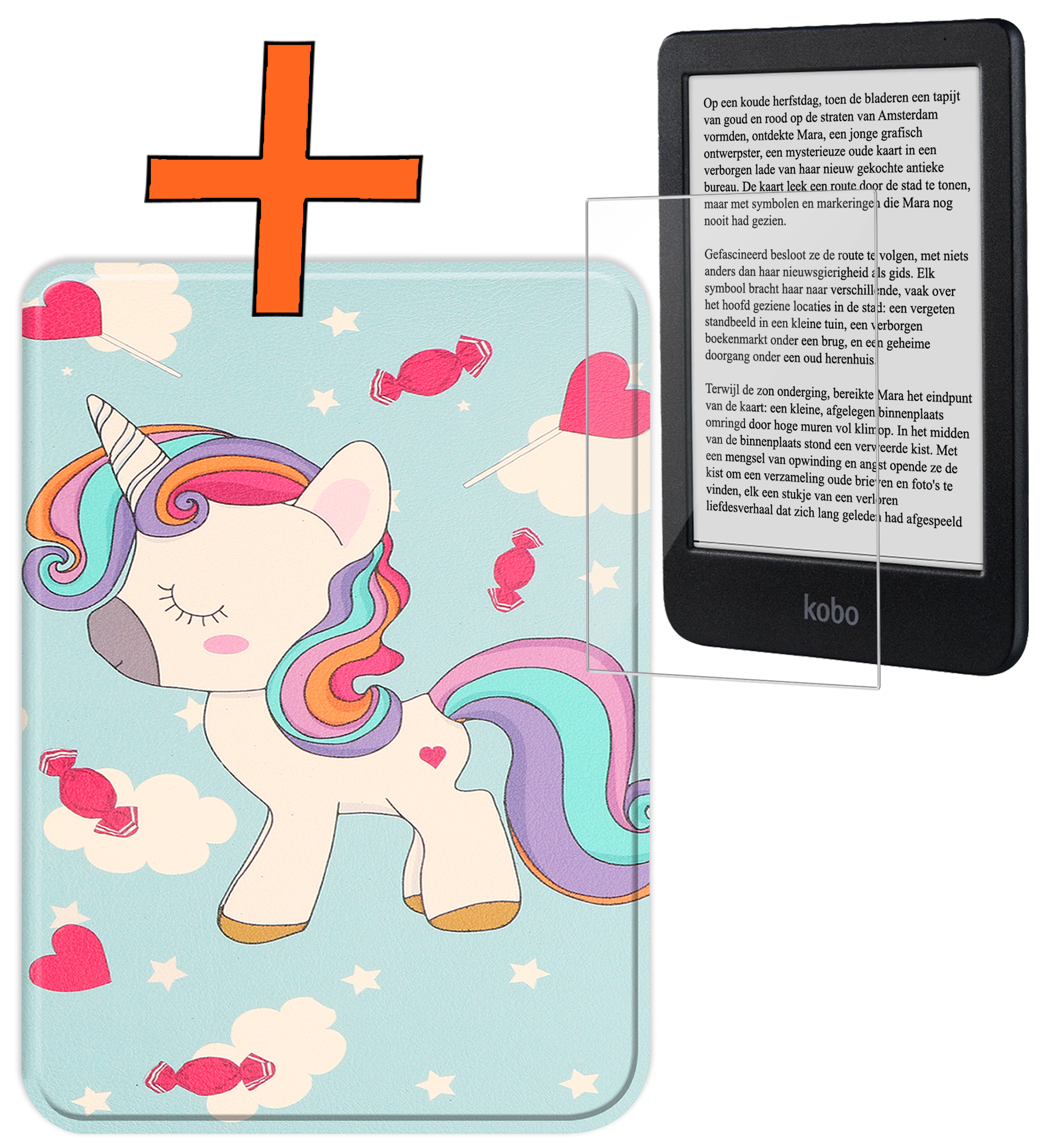 Nomfy Hoesje Geschikt voor Kobo Clara BW Hoes Book Case - Hoes Geschikt voor Kobo Clara BW Hoesje Book Cover Met Screenprotector - Eenhoorn