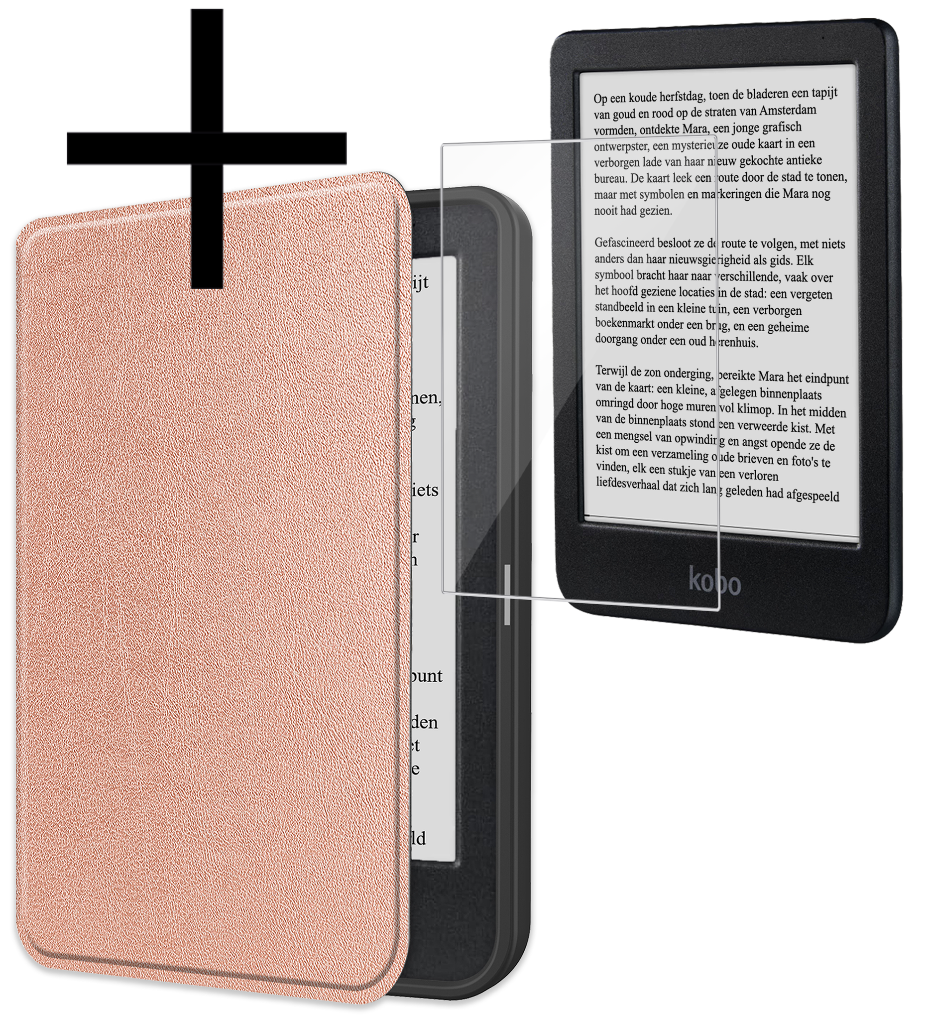 NoXx Hoes Geschikt voor Kobo Clara BW Hoesje Bookcase Cover Book Case Hoes Sleepcover Met Screenprotector - Rosé Goud