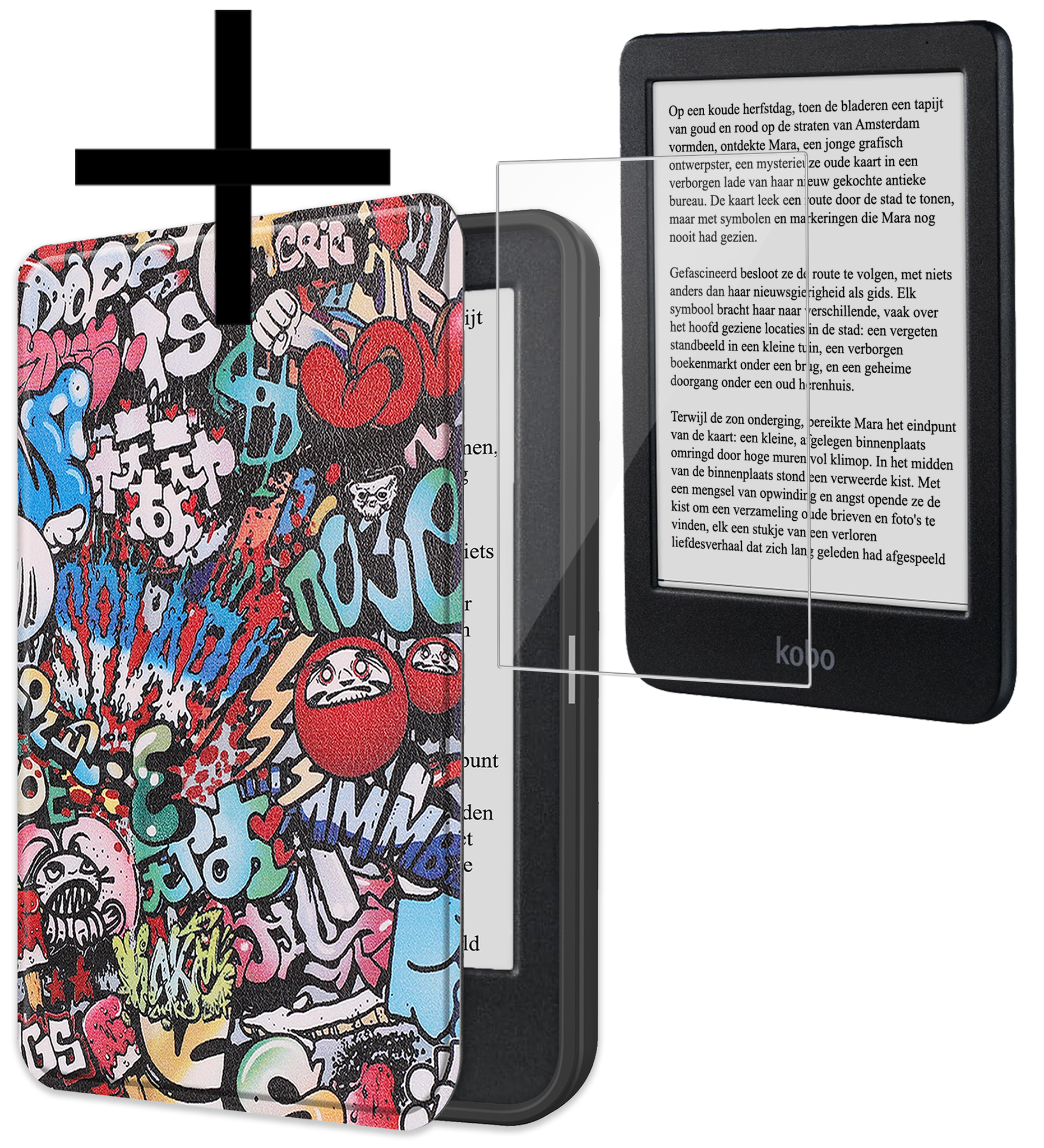NoXx Hoes Geschikt voor Kobo Clara BW Hoesje Bookcase Cover Book Case Hoes Sleepcover Met Screenprotector - Graffity