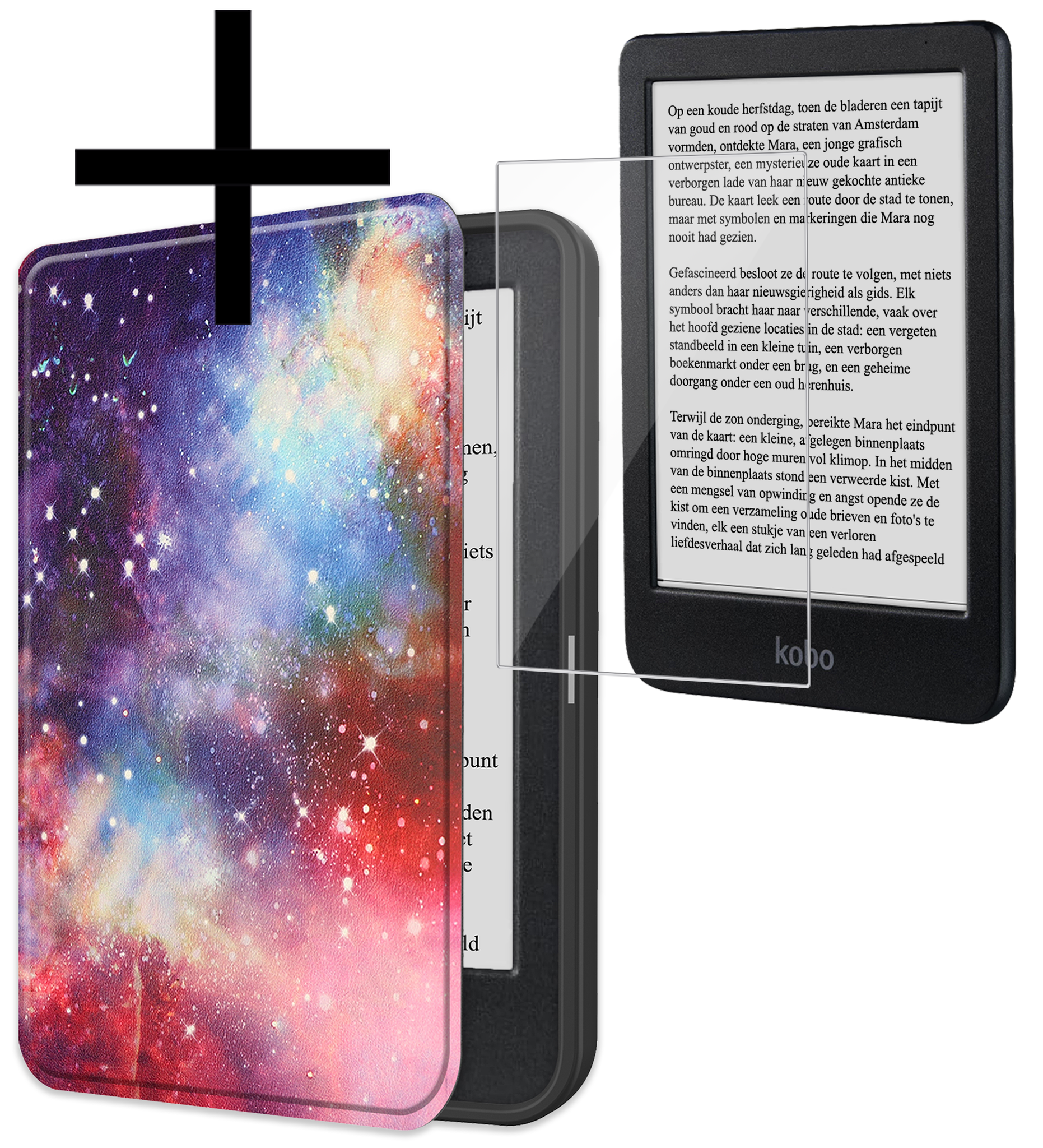 NoXx Hoes Geschikt voor Kobo Clara BW Hoesje Bookcase Cover Book Case Hoes Sleepcover Met Screenprotector - Galaxy