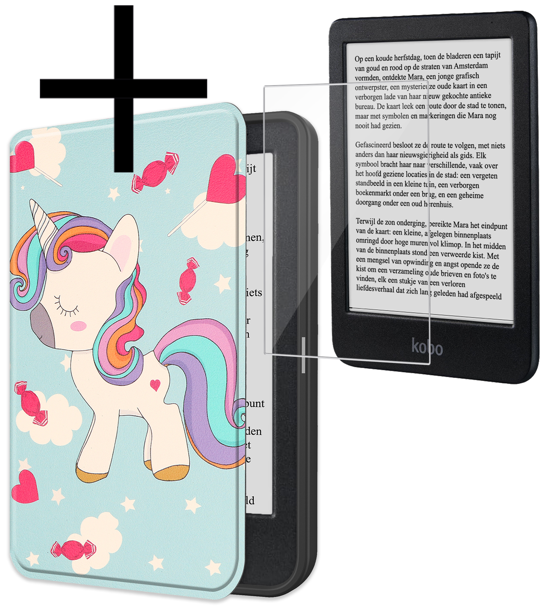 NoXx Hoes Geschikt voor Kobo Clara BW Hoesje Bookcase Cover Book Case Hoes Sleepcover Met Screenprotector - Eenhoorn