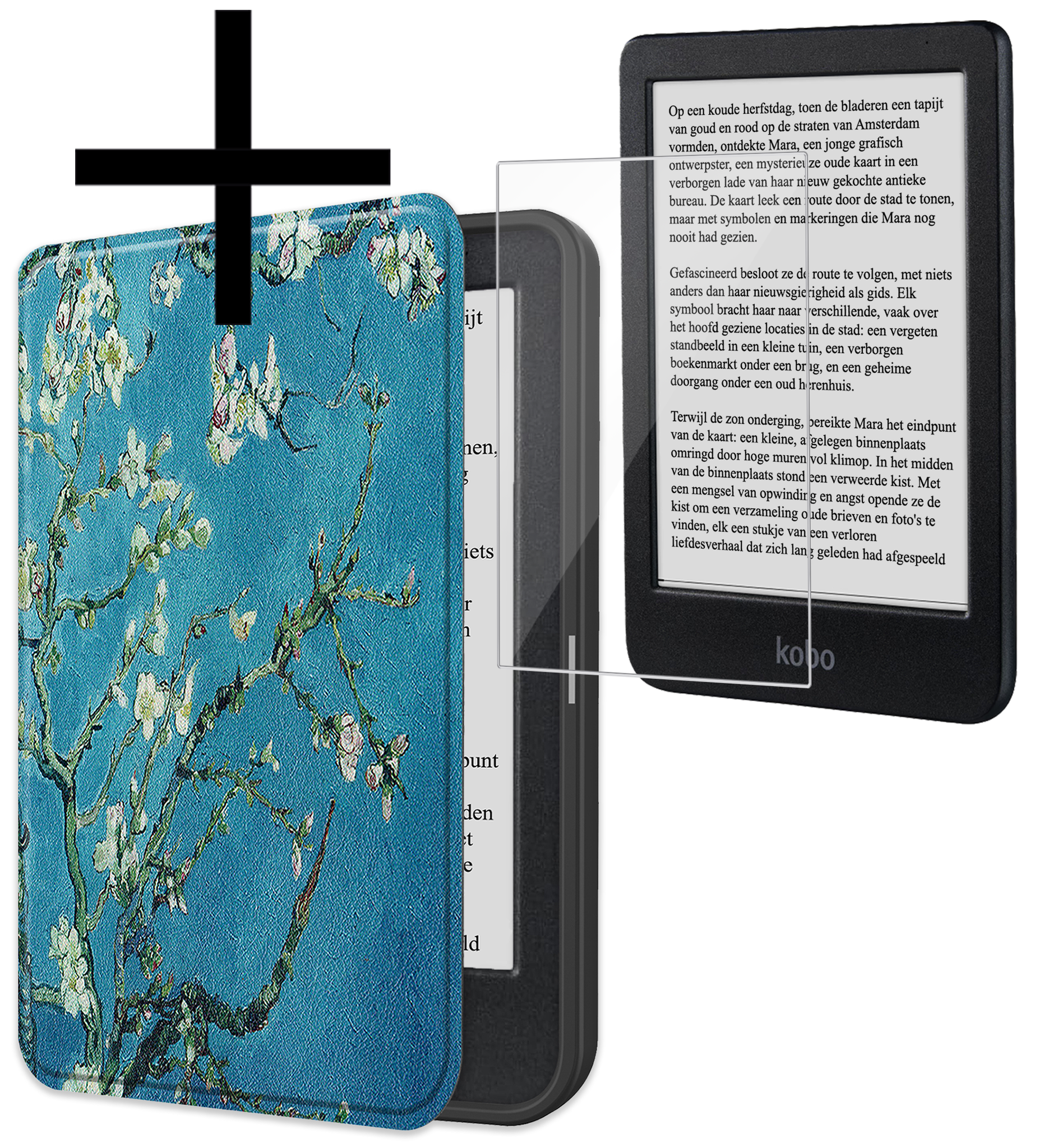 NoXx Hoes Geschikt voor Kobo Clara BW Hoesje Bookcase Cover Book Case Hoes Sleepcover Met Screenprotector - Bloesem