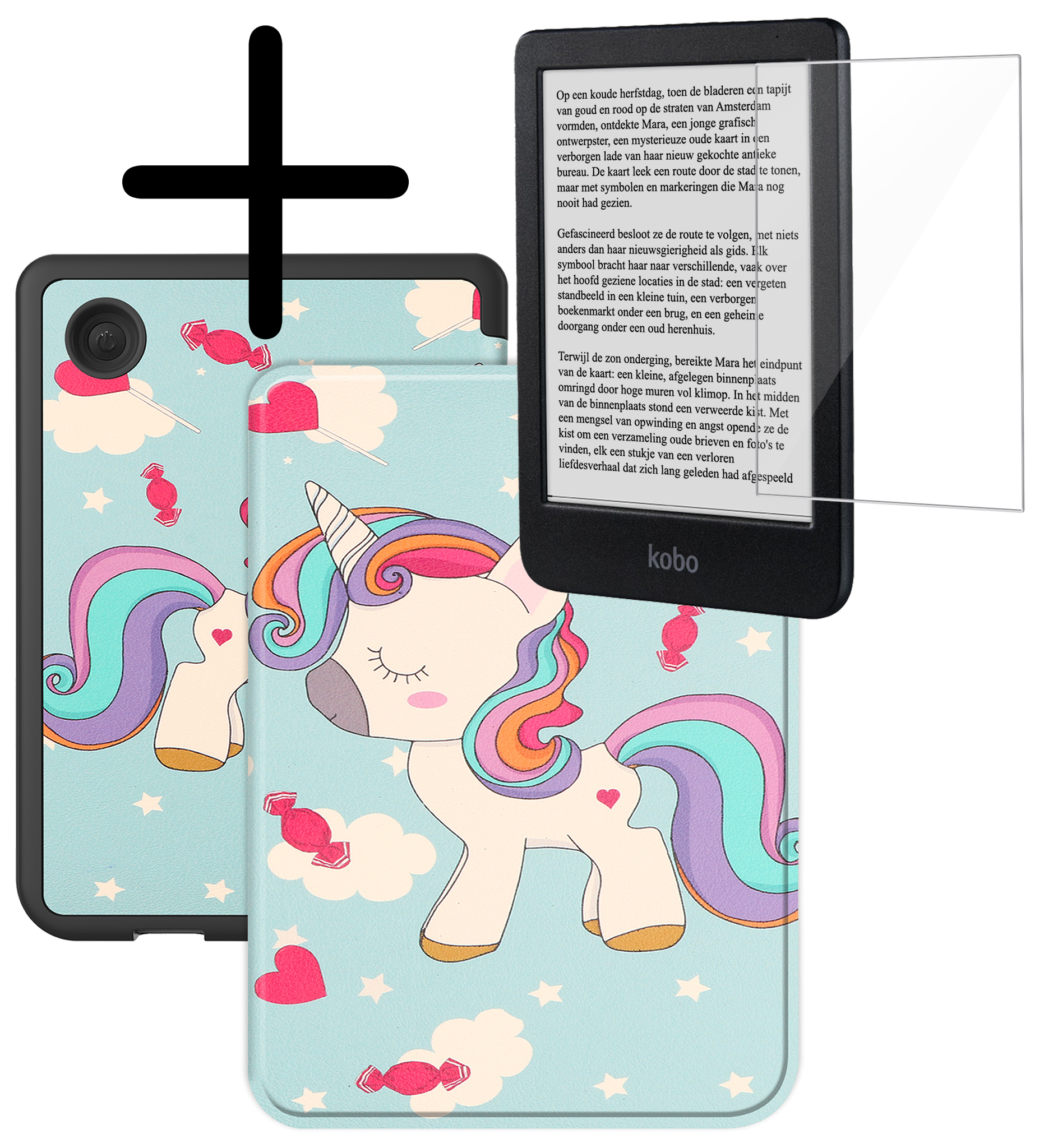 BASEY. Hoes Geschikt voor Kobo Clara BW Hoesje Bookcase Cover Hoes Met Screenprotector - Hoesje Geschikt voor Kobo Clara BW Hoes Cover Case - Eenhoorn