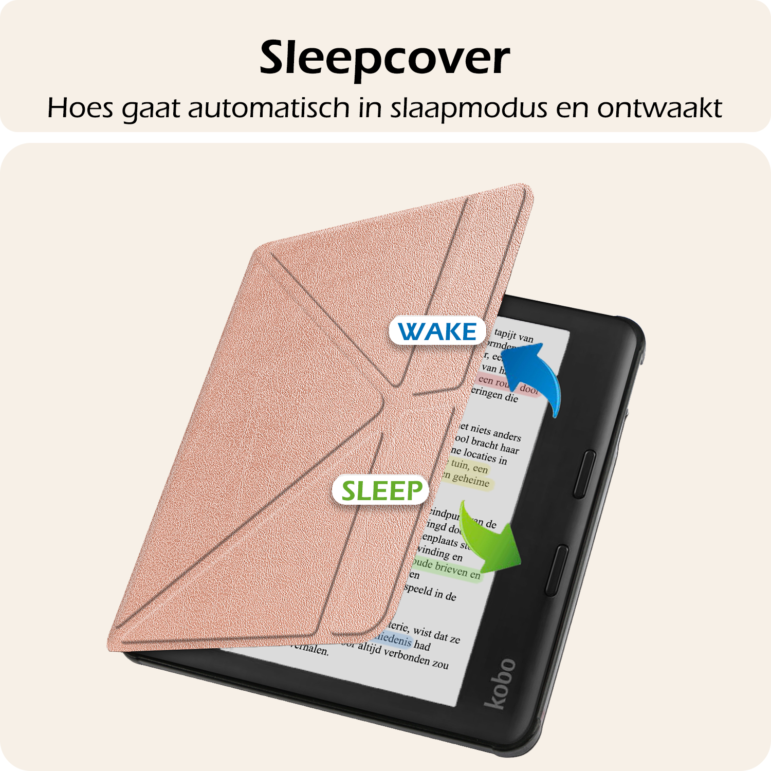 Nomfy Hoesje Geschikt voor Kobo Libra Colour Hoes Book Case Trifold - Hoes Geschikt voor Kobo Libra Colour Hoesje Book Cover - Rosé Goud