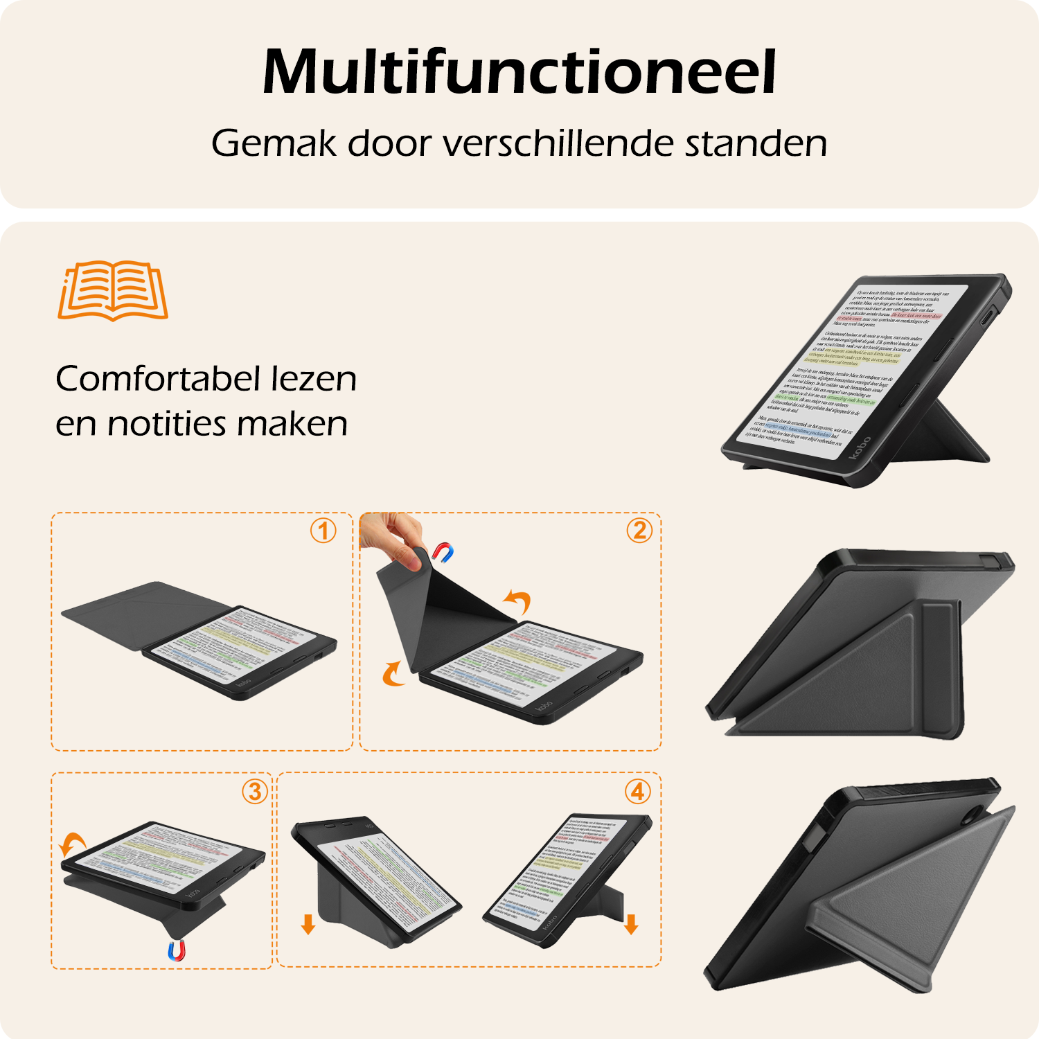 Nomfy Hoesje Geschikt voor Kobo Libra Colour Hoes Book Case Trifold - Hoes Geschikt voor Kobo Libra Colour Hoesje Book Cover - Grijs