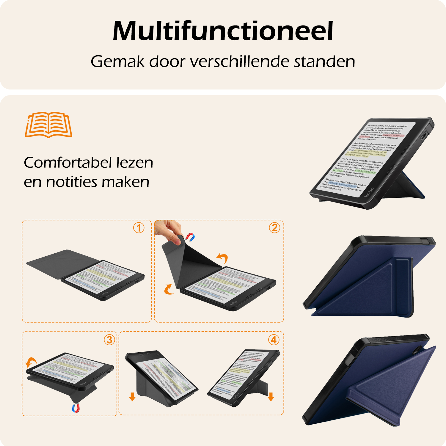 Nomfy Hoesje Geschikt voor Kobo Libra Colour Hoes Book Case Trifold - Hoes Geschikt voor Kobo Libra Colour Hoesje Book Cover - Donkerblauw