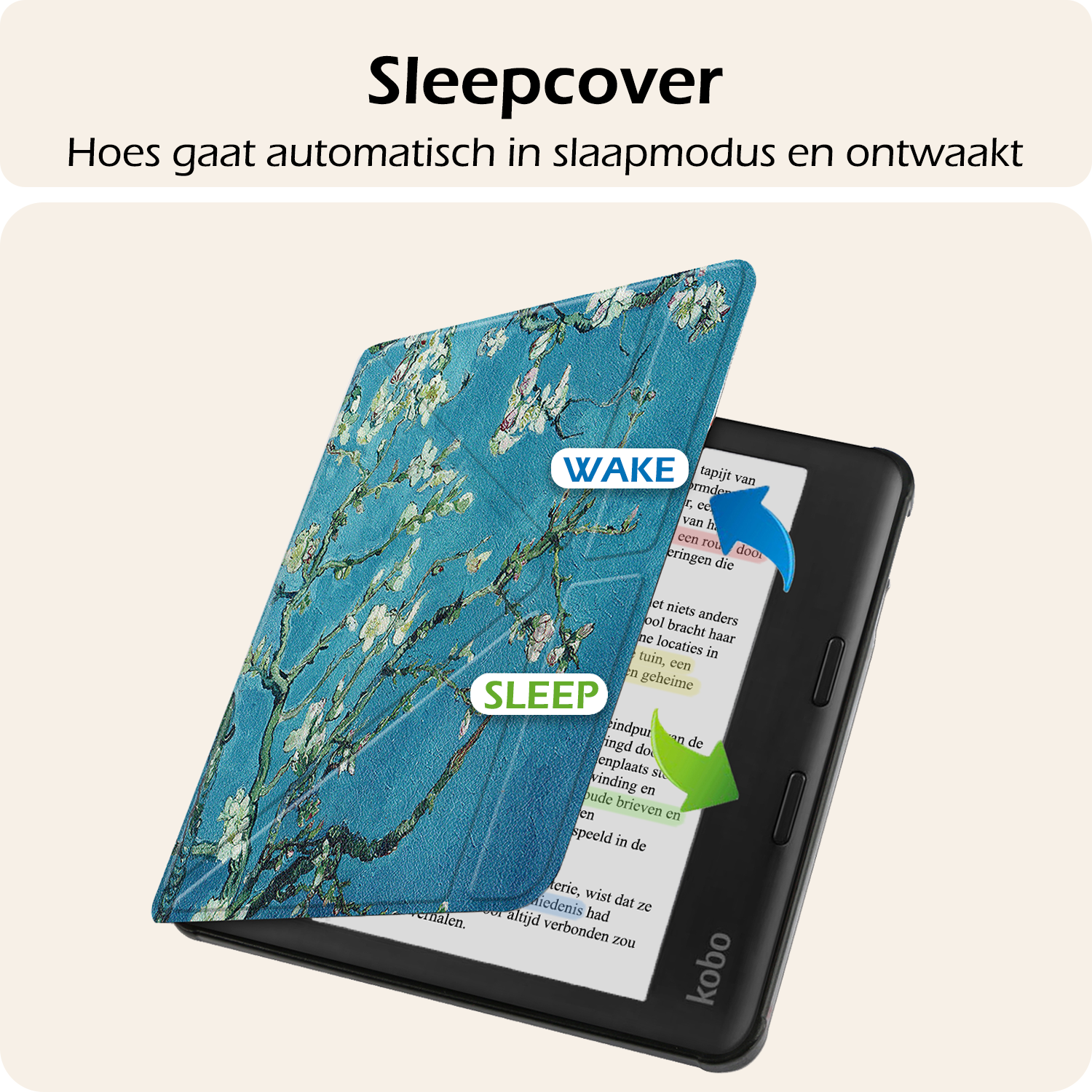 Nomfy Hoesje Geschikt voor Kobo Libra Colour Hoes Book Case Trifold - Hoes Geschikt voor Kobo Libra Colour Hoesje Book Cover - Bloesem