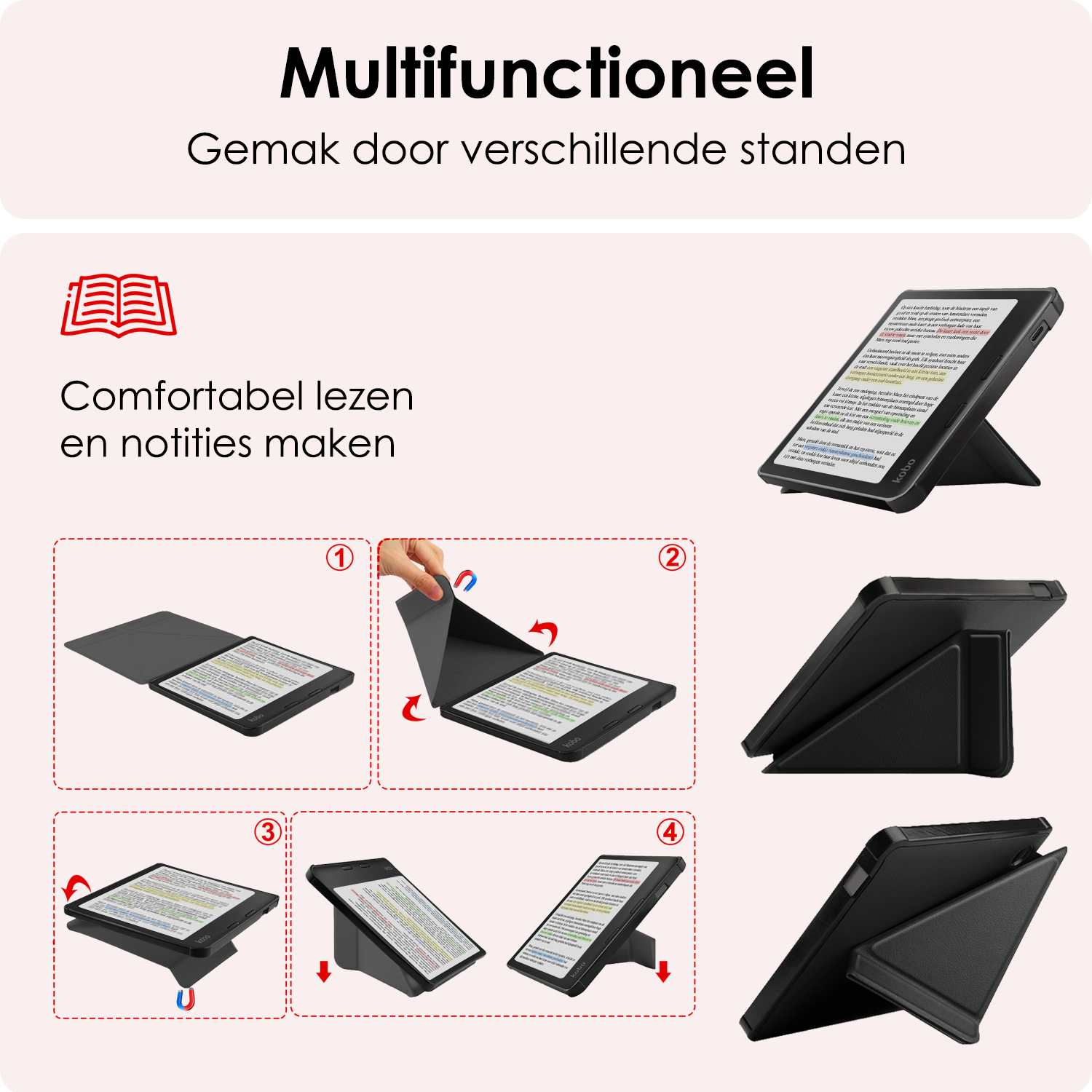 NoXx Hoes Geschikt voor Kobo Libra Colour Hoesje Bookcase Cover Book Case Hoes Cover Trifold - Zwart