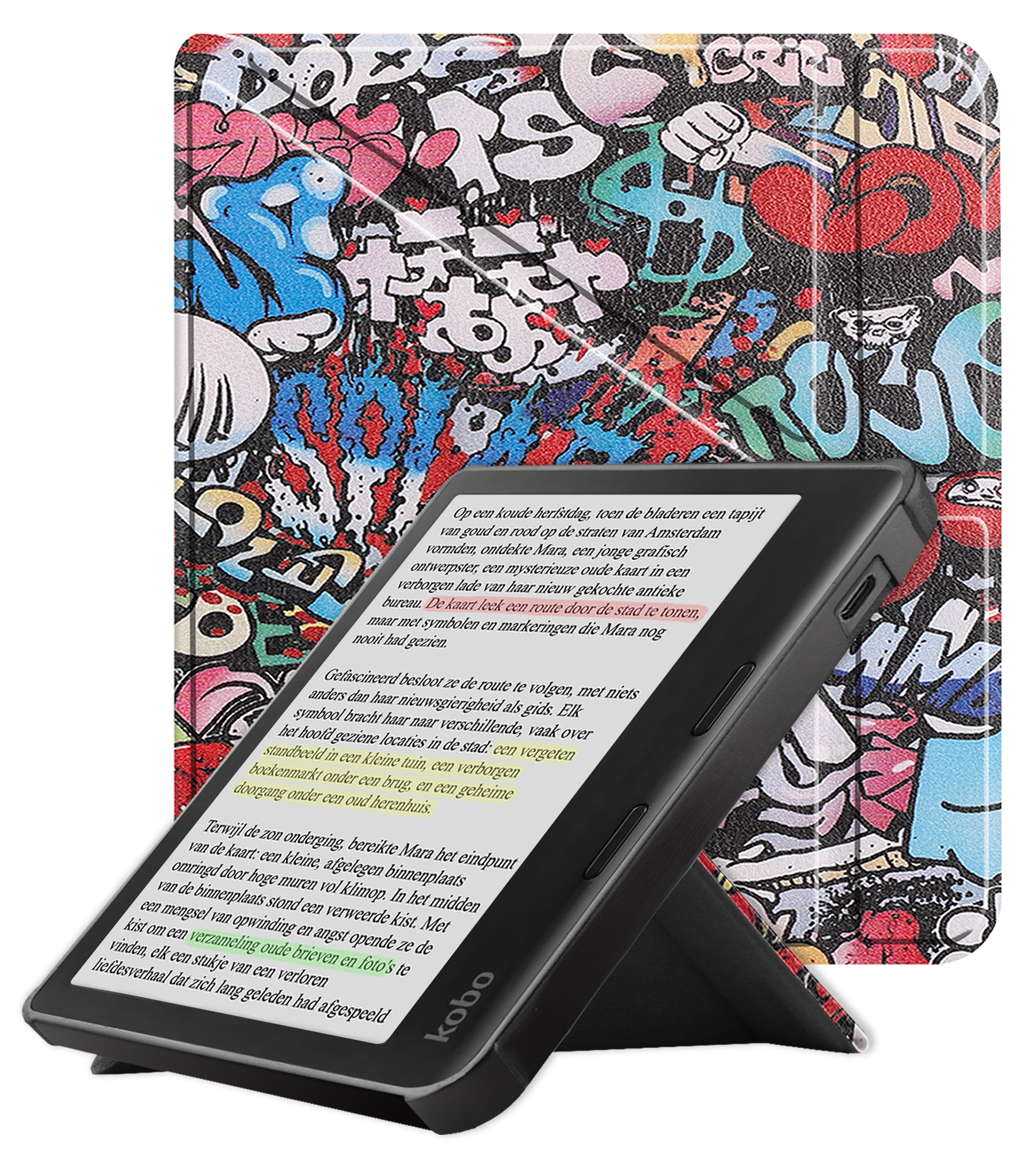 NoXx Hoes Geschikt voor Kobo Libra Colour Hoesje Bookcase Cover Book Case Hoes Cover Trifold - Graffity