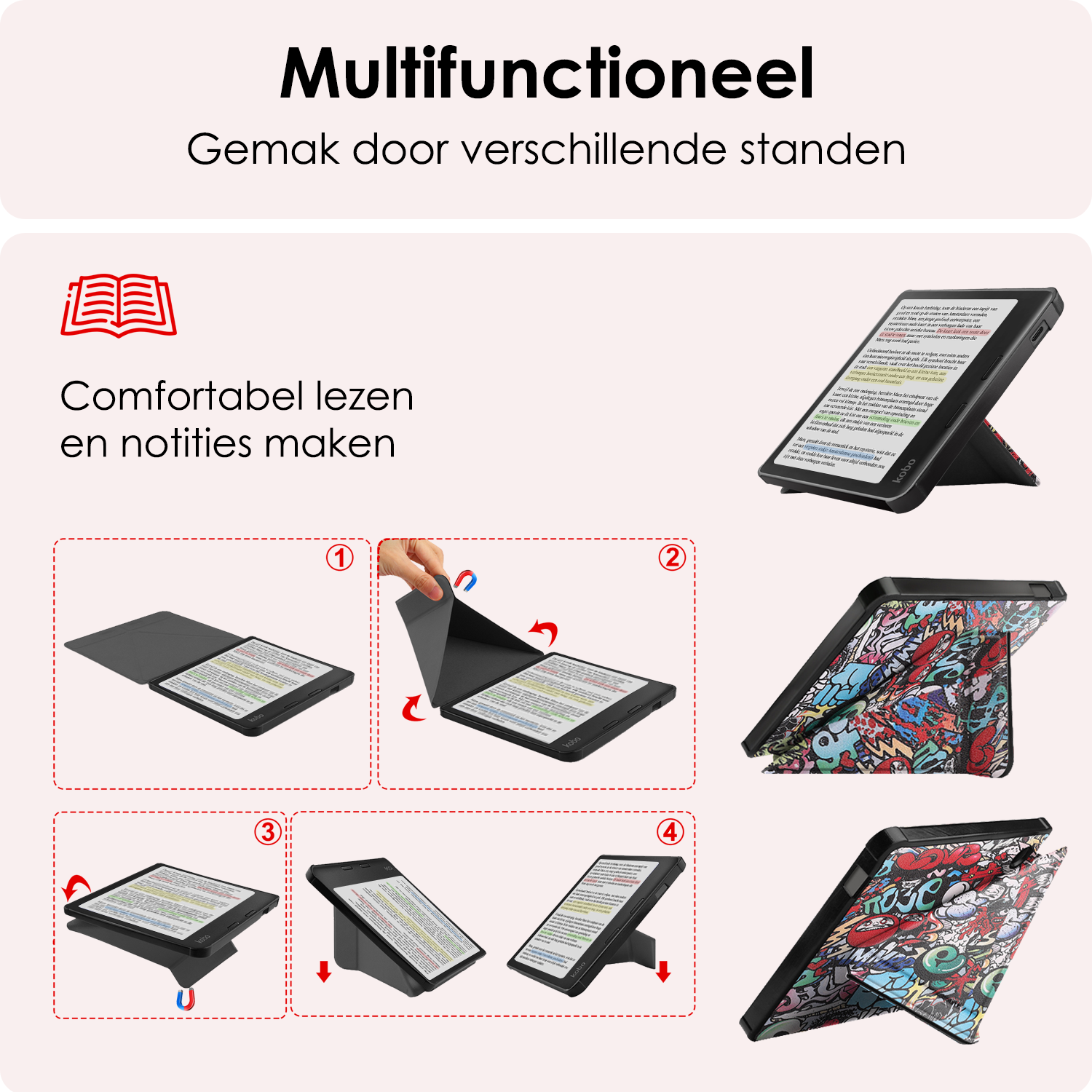 NoXx Hoes Geschikt voor Kobo Libra Colour Hoesje Bookcase Cover Book Case Hoes Cover Trifold - Graffity