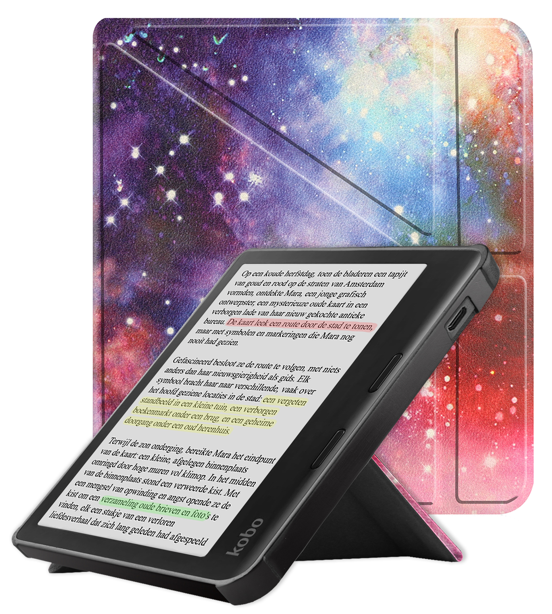 NoXx Hoes Geschikt voor Kobo Libra Colour Hoesje Bookcase Cover Book Case Hoes Cover Trifold - Galaxy