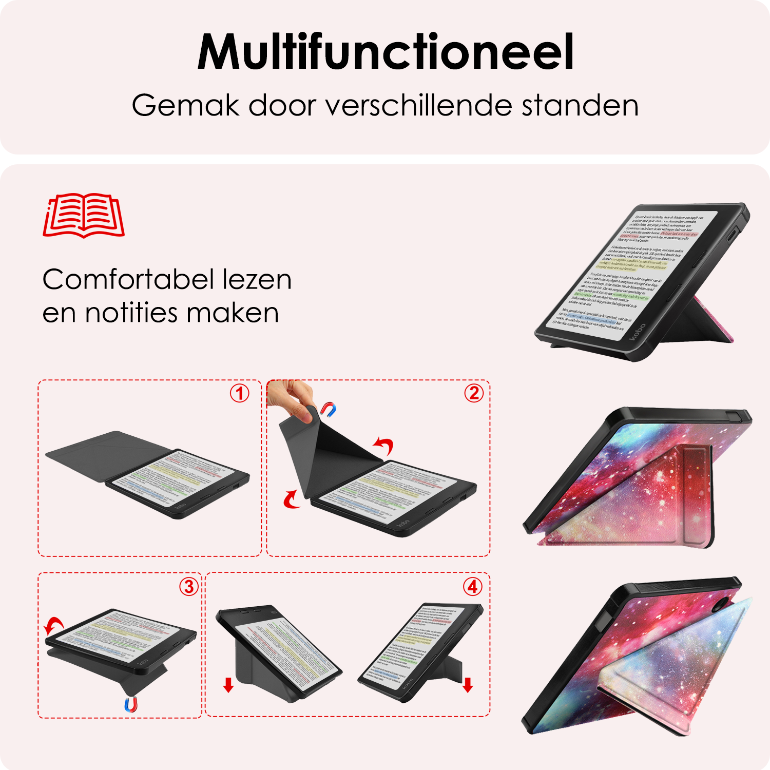 NoXx Hoes Geschikt voor Kobo Libra Colour Hoesje Bookcase Cover Book Case Hoes Cover Trifold - Galaxy