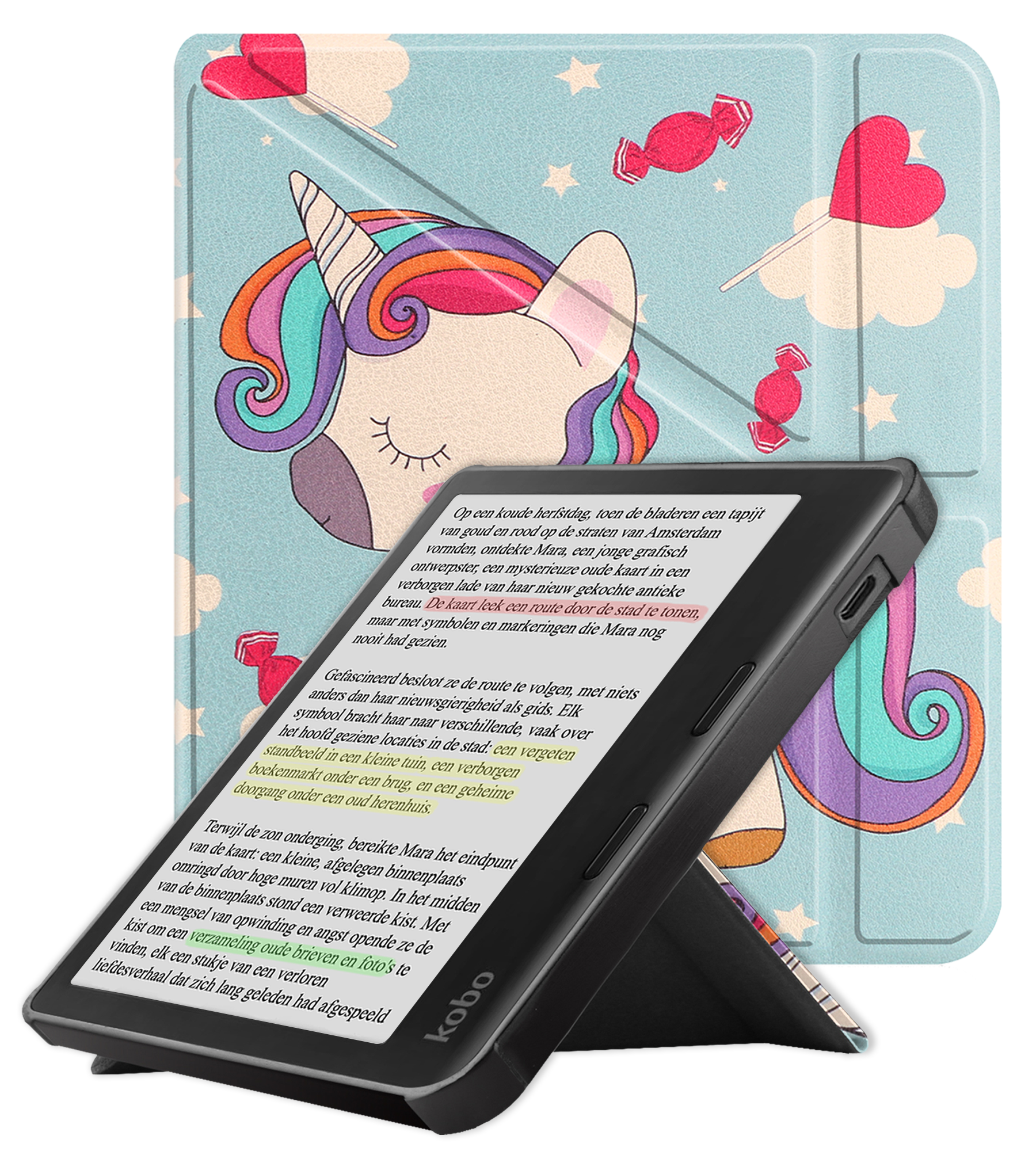 NoXx Hoes Geschikt voor Kobo Libra Colour Hoesje Bookcase Cover Book Case Hoes Cover Trifold - Eenhoorn