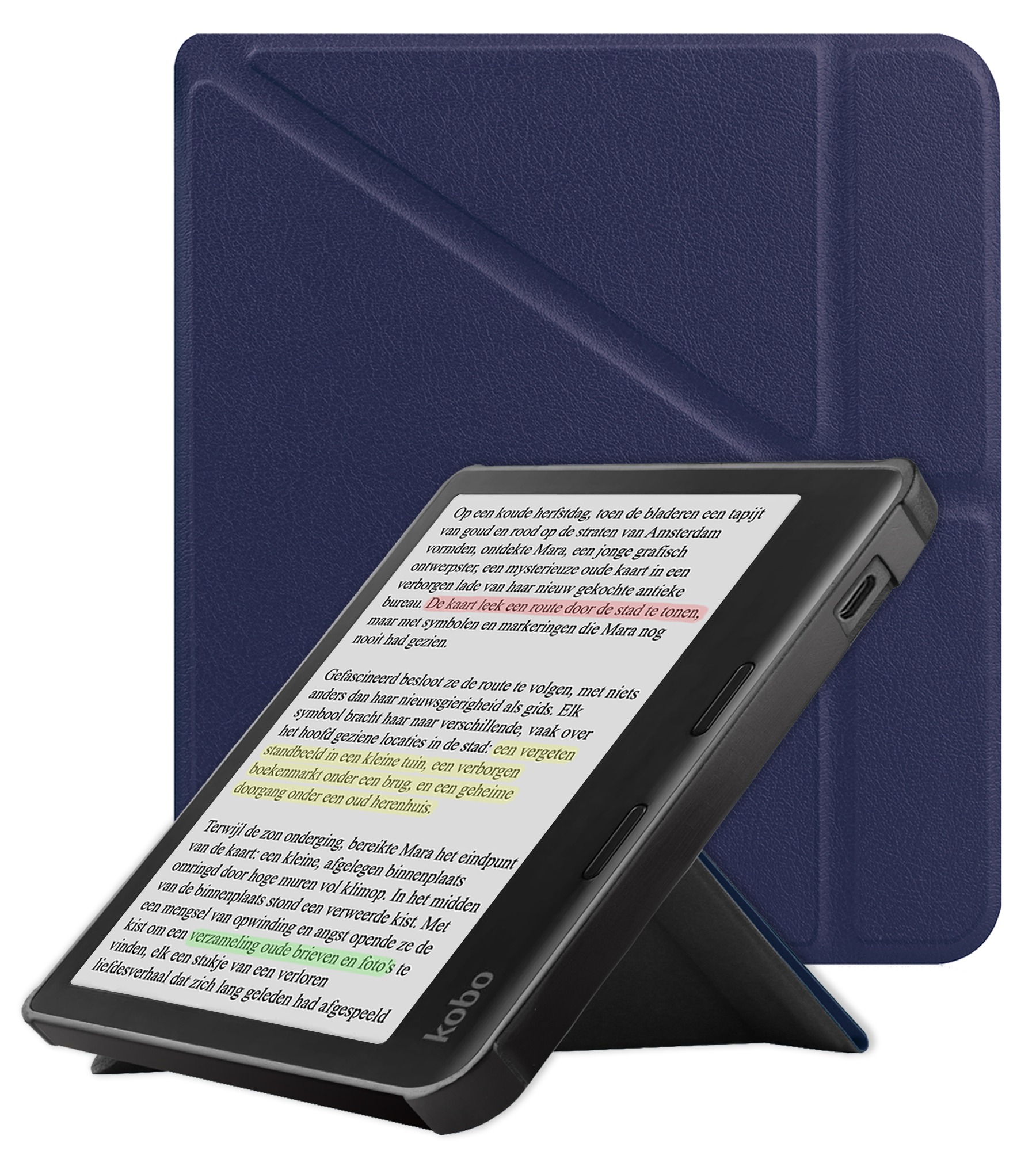NoXx Hoes Geschikt voor Kobo Libra Colour Hoesje Bookcase Cover Book Case Hoes Cover Trifold - Donkerblauw