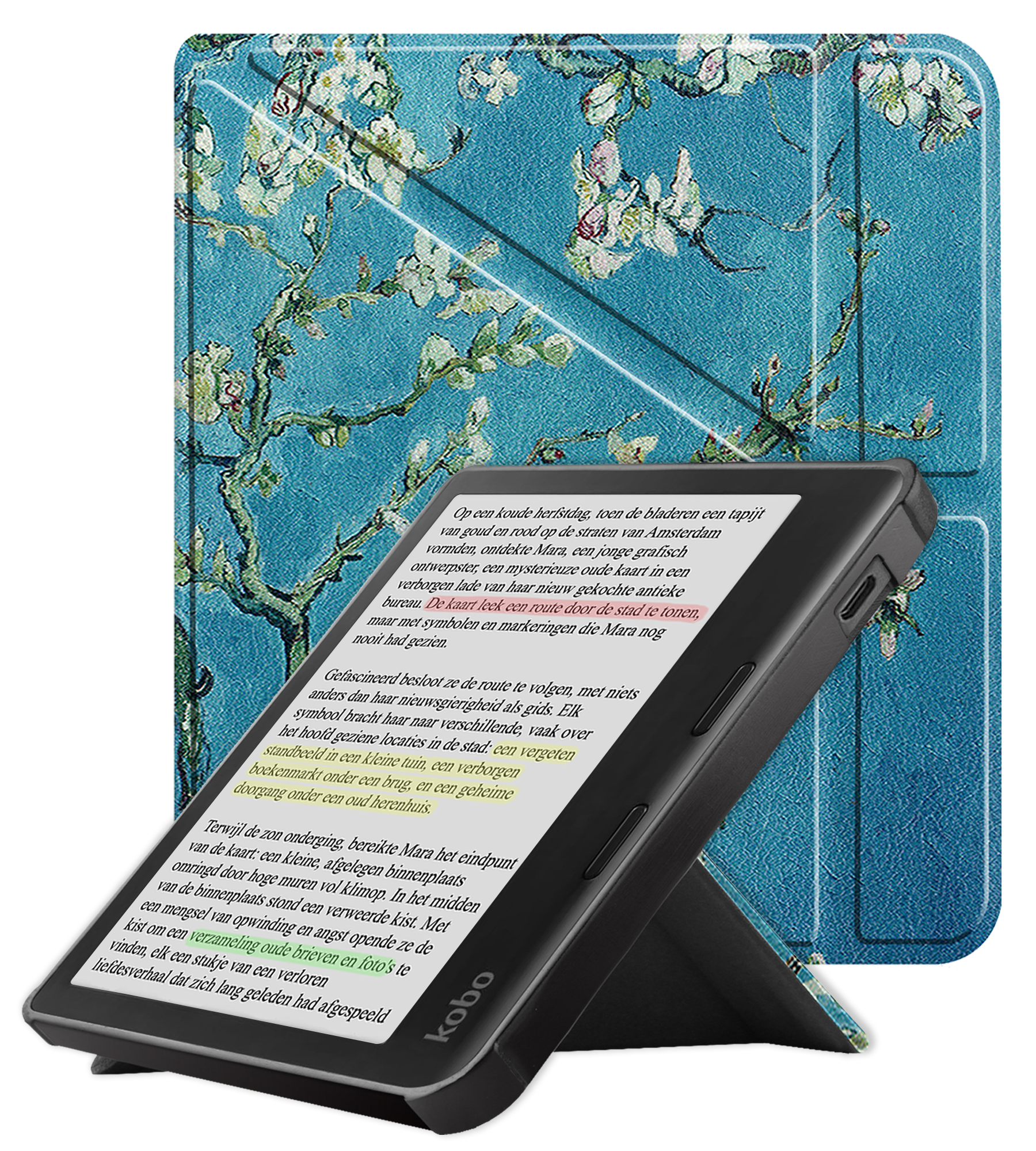 NoXx Hoes Geschikt voor Kobo Libra Colour Hoesje Bookcase Cover Book Case Hoes Cover Trifold - Bloesem
