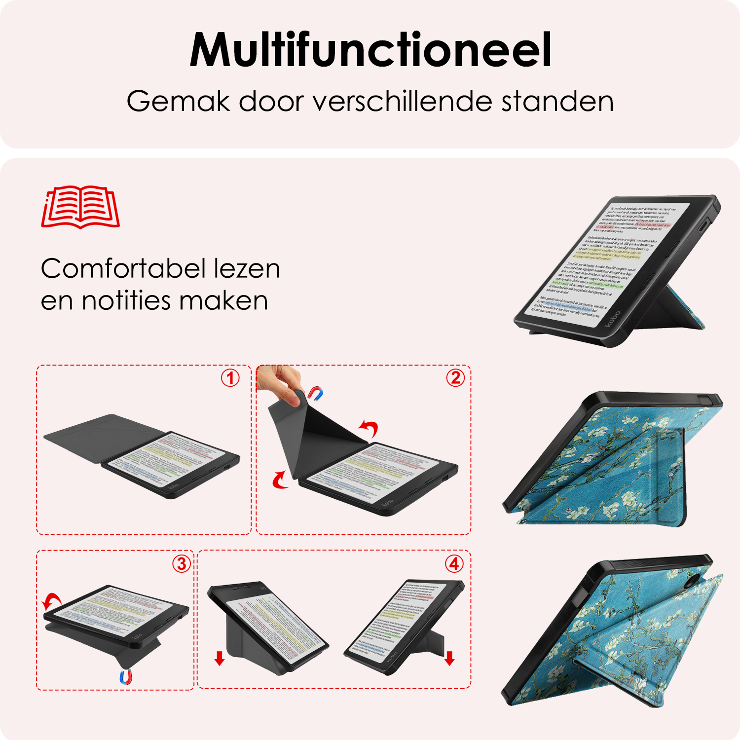 NoXx Hoes Geschikt voor Kobo Libra Colour Hoesje Bookcase Cover Book Case Hoes Cover Trifold - Bloesem