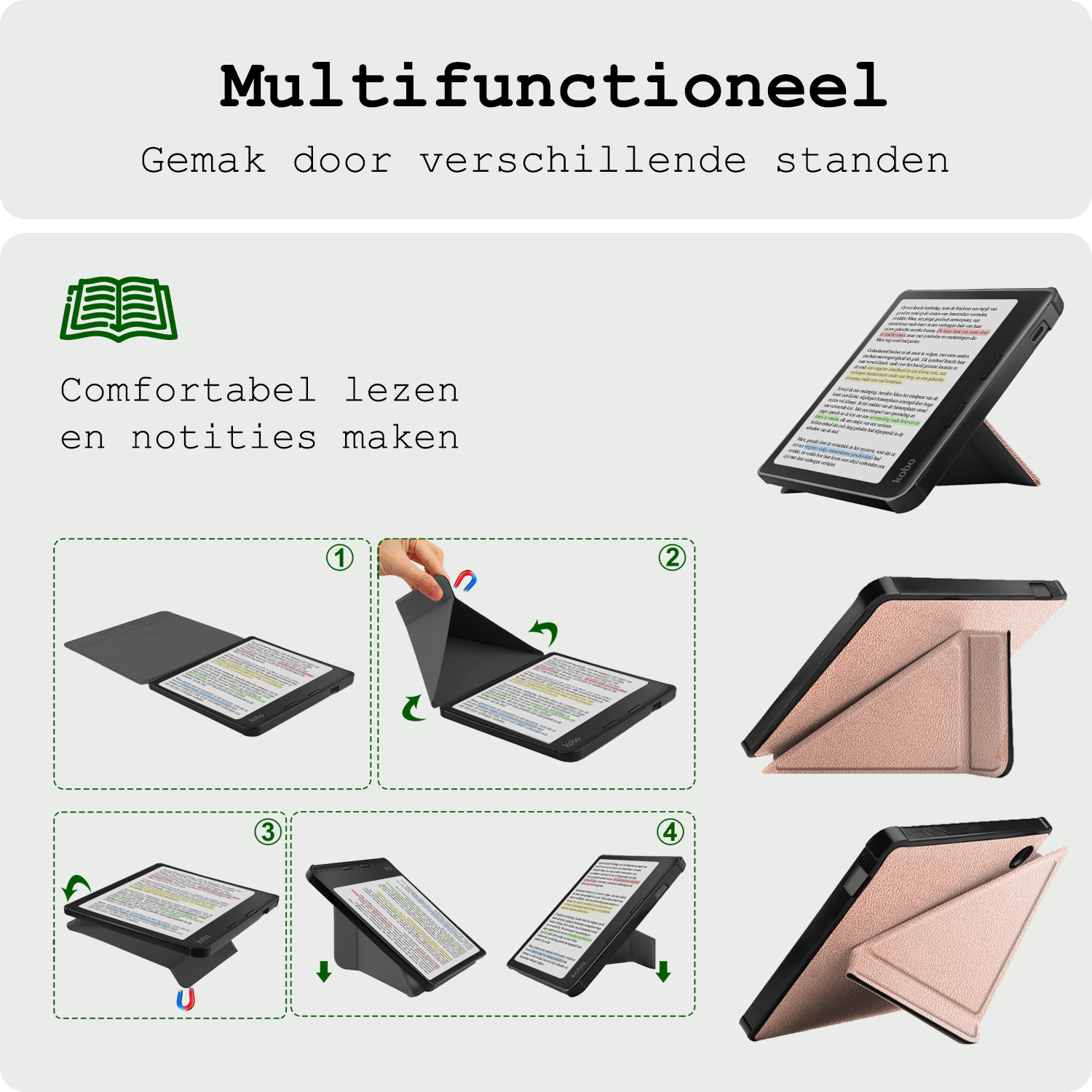 BASEY. Hoes Geschikt voor Kobo Libra Colour Hoesje Bookcase Cover Hoes Trifold - Hoesje Geschikt voor Kobo Libra Colour Hoes Cover Case - Rosé Goud