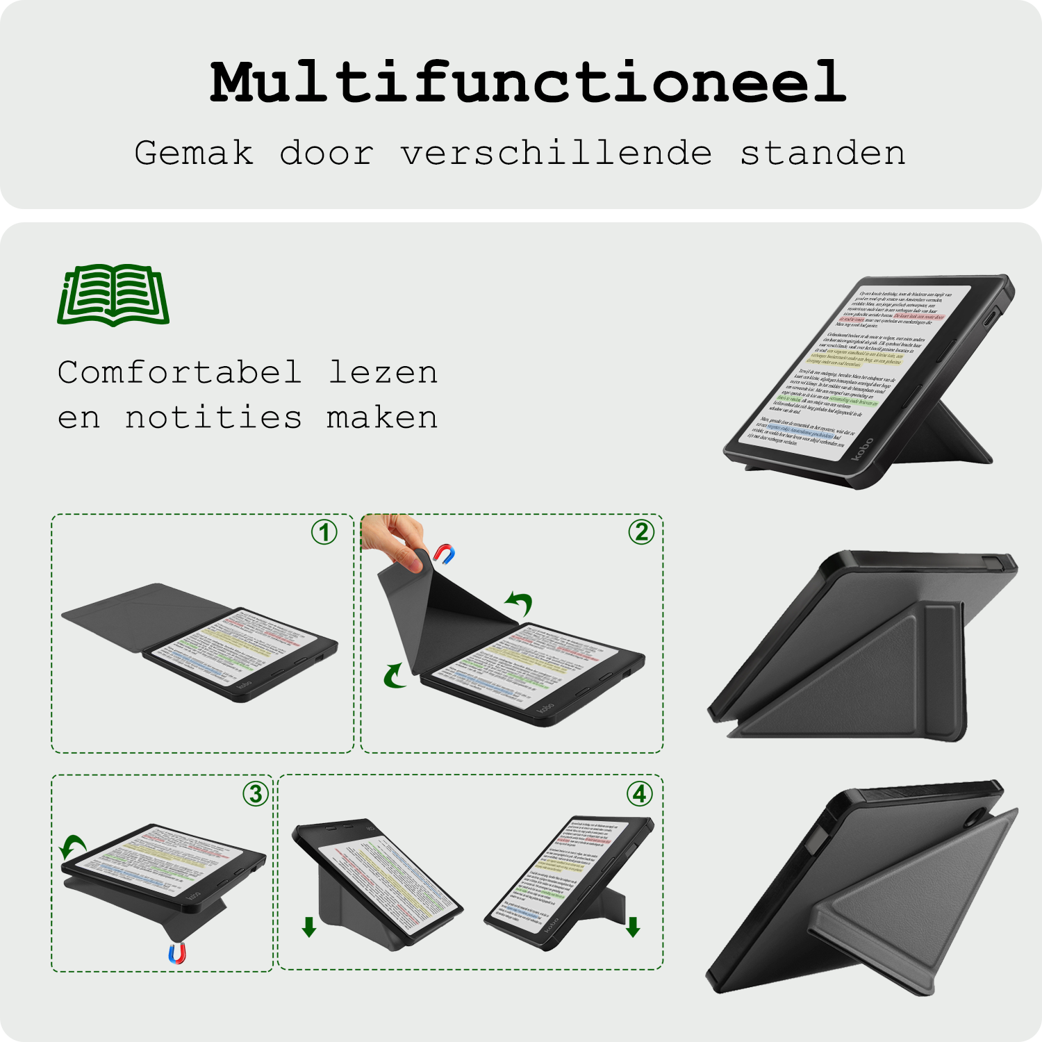 BASEY. Hoes Geschikt voor Kobo Libra Colour Hoesje Bookcase Cover Hoes Trifold - Hoesje Geschikt voor Kobo Libra Colour Hoes Cover Case - Grijs