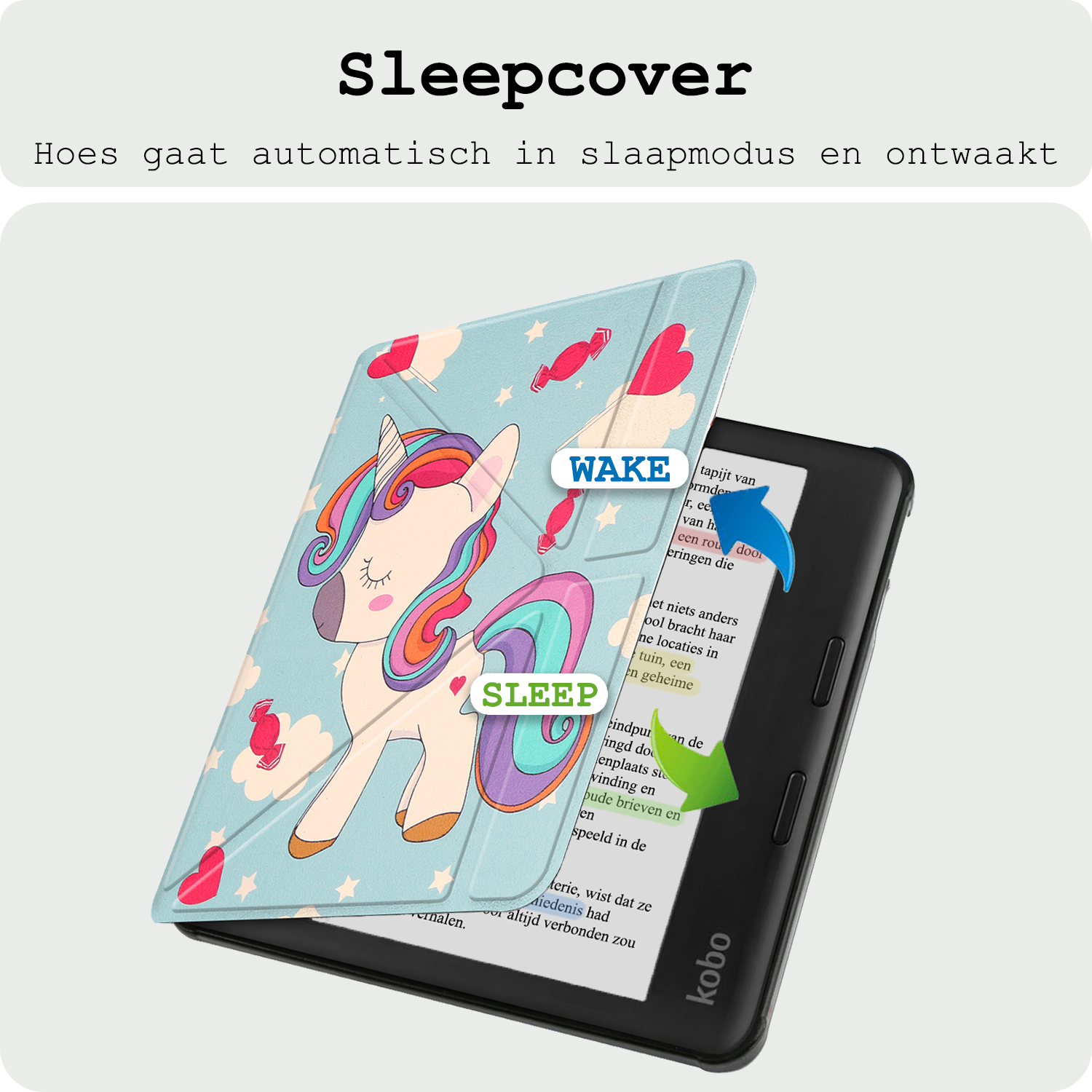 BASEY. Hoes Geschikt voor Kobo Libra Colour Hoesje Bookcase Cover Hoes Trifold - Hoesje Geschikt voor Kobo Libra Colour Hoes Cover Case - Eenhoorn