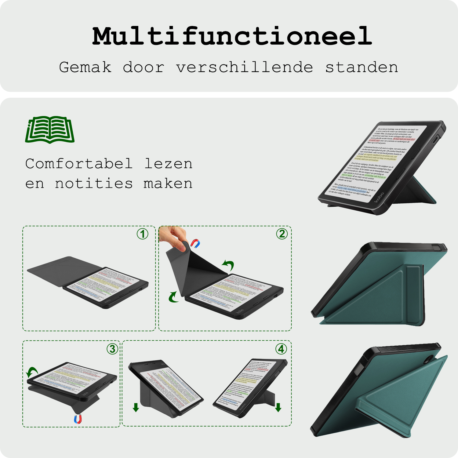 BASEY. Hoes Geschikt voor Kobo Libra Colour Hoesje Bookcase Cover Hoes Trifold - Hoesje Geschikt voor Kobo Libra Colour Hoes Cover Case - Donkergroen