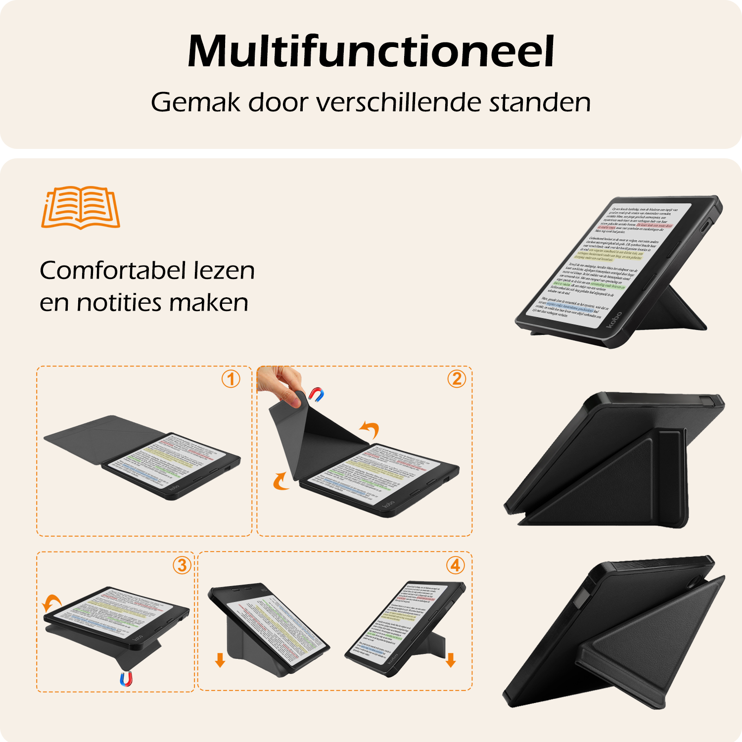 Nomfy Hoesje Geschikt voor Kobo Libra Colour Hoes Book Case Trifold - Hoes Geschikt voor Kobo Libra Colour Hoesje Book Cover Met Screenprotector - Zwart