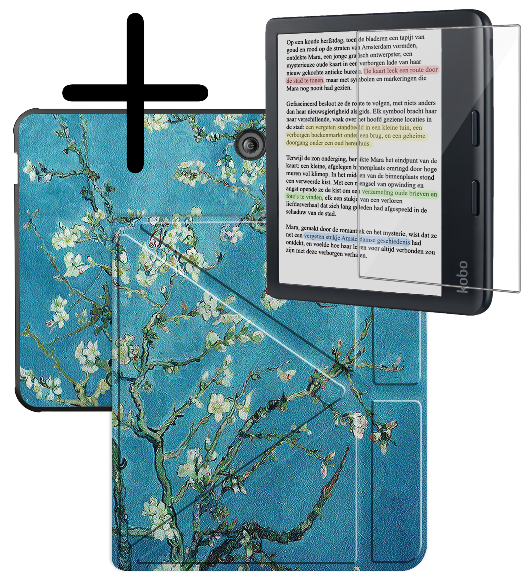 BASEY. Hoes Geschikt voor Kobo Libra Colour Hoesje Bookcase Cover Hoes Trifold Met Screenprotector - Hoesje Geschikt voor Kobo Libra Colour Hoes Cover Case - Bloesem