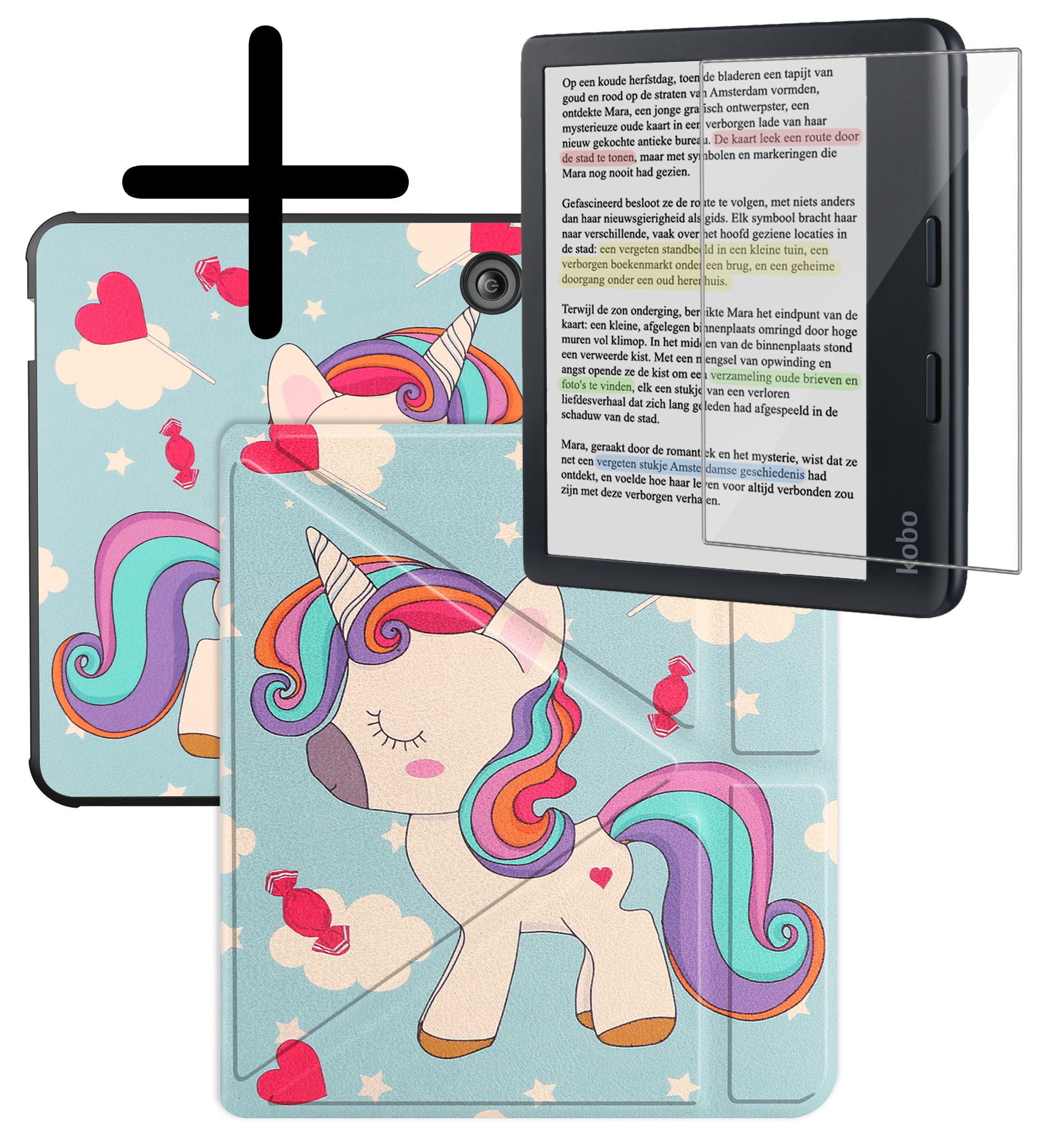 BASEY. Hoes Geschikt voor Kobo Libra Colour Hoesje Bookcase Cover Hoes Trifold Met Screenprotector - Hoesje Geschikt voor Kobo Libra Colour Hoes Cover Case - Eenhoorn