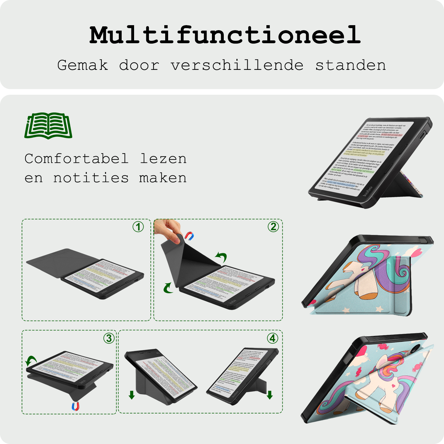 BASEY. Hoes Geschikt voor Kobo Libra Colour Hoesje Bookcase Cover Hoes Trifold Met Screenprotector - Hoesje Geschikt voor Kobo Libra Colour Hoes Cover Case - Eenhoorn